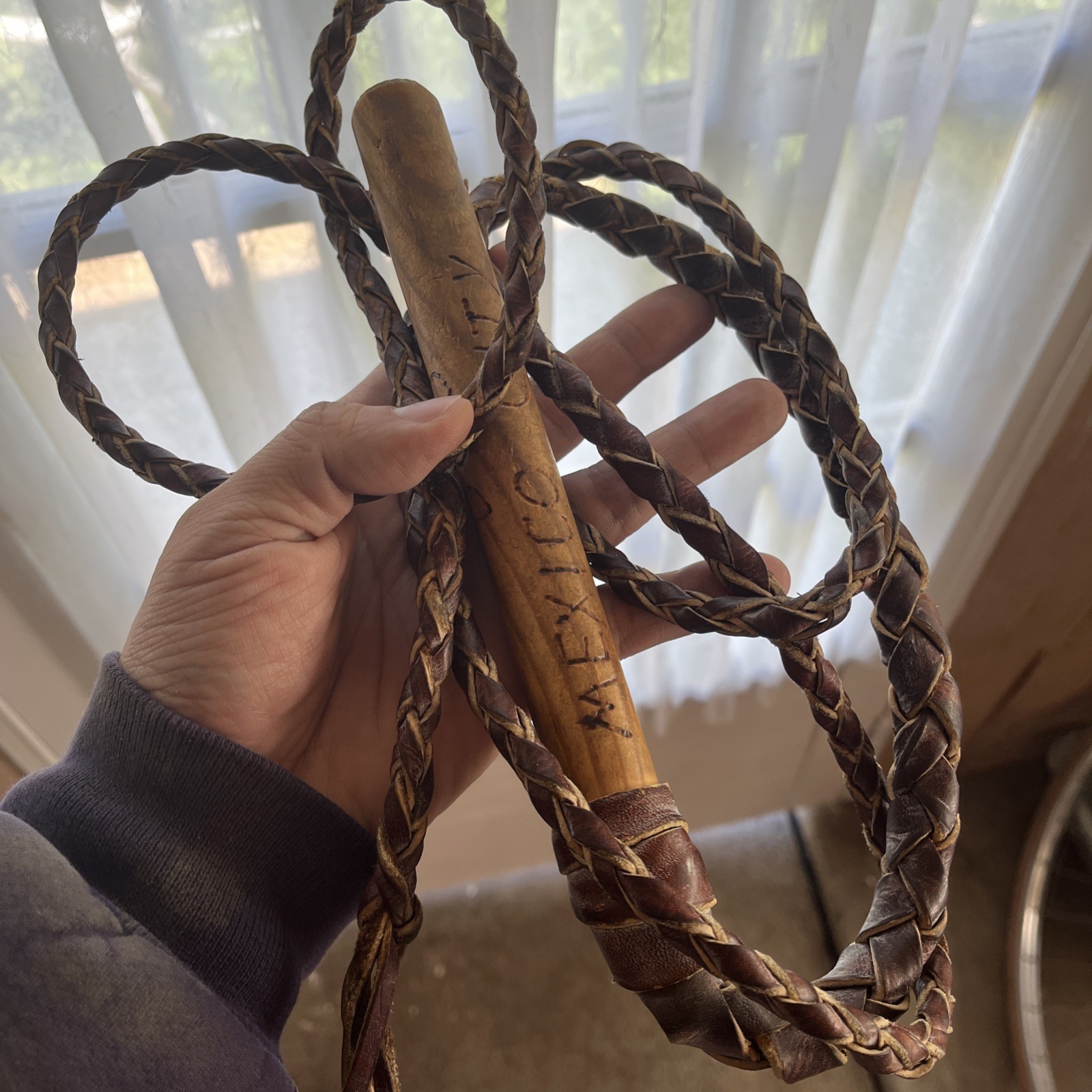 Vintage 1965 Leather Horse Bull Whip Western Wood Handle bob bud Mexico