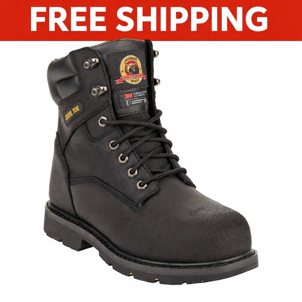BRAHMA - SIZE: 7 WIDE - Black Leather Iron Tough II 8" Steel Toe Work Boots -NEW