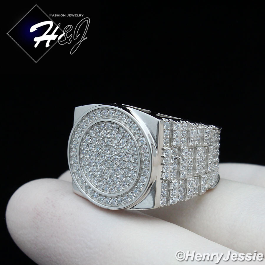 MEN 925 STERLING SILVER FULL CUBIC ZIRCONIA HIPHOP SILVER WATCN STYLE RING*SR175