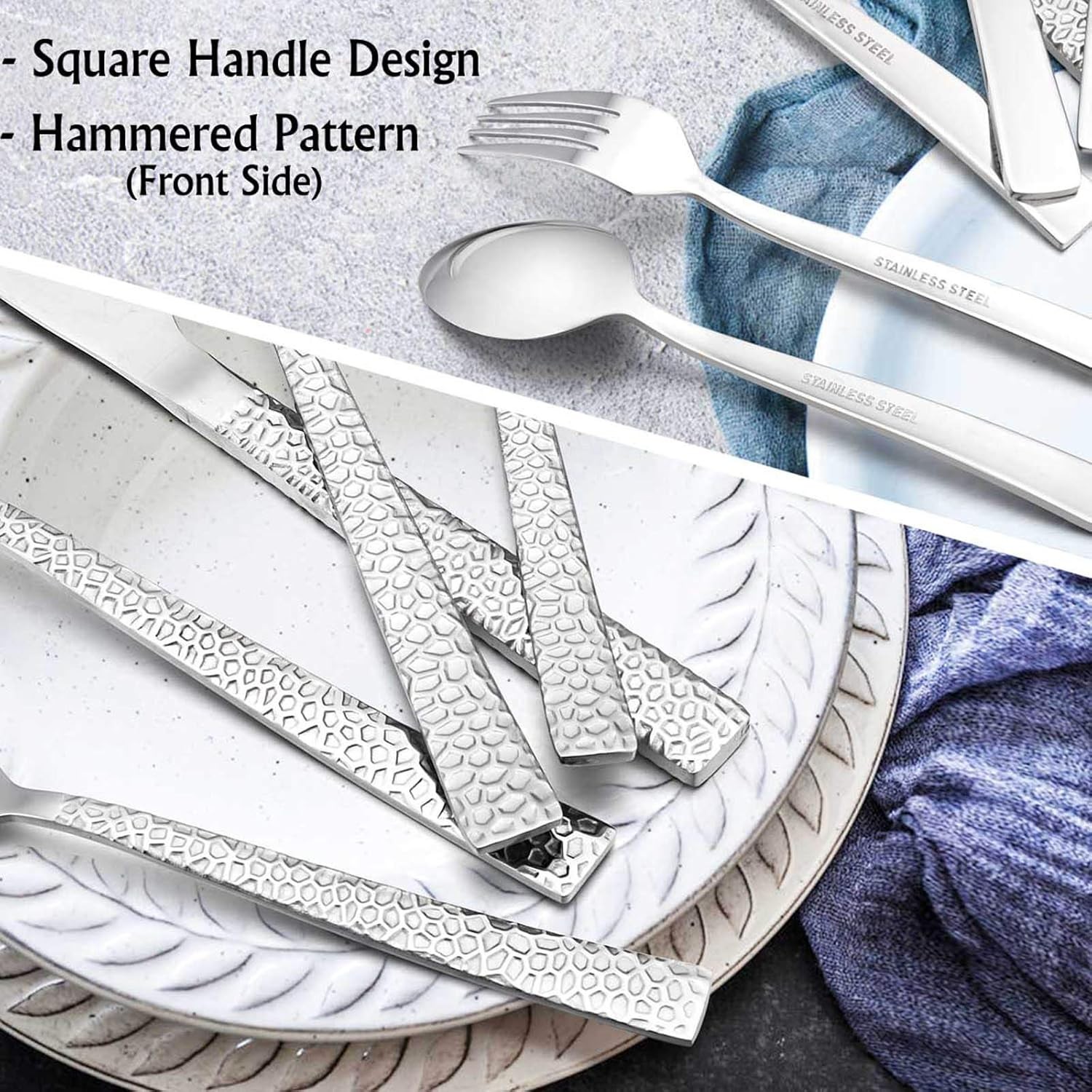 60-Piece Silverware Set Hammered Stainless Steel Square Flatware Cutlery Set 12