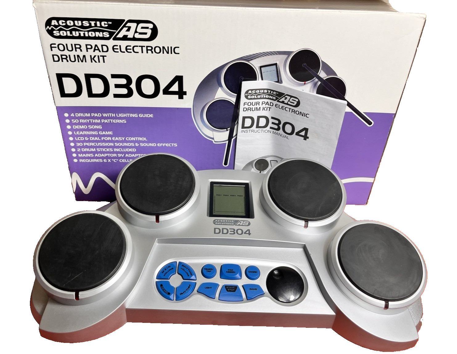 Acoustic Solutions DD304 Four Pad Electronic Drum Kit - New Sticks