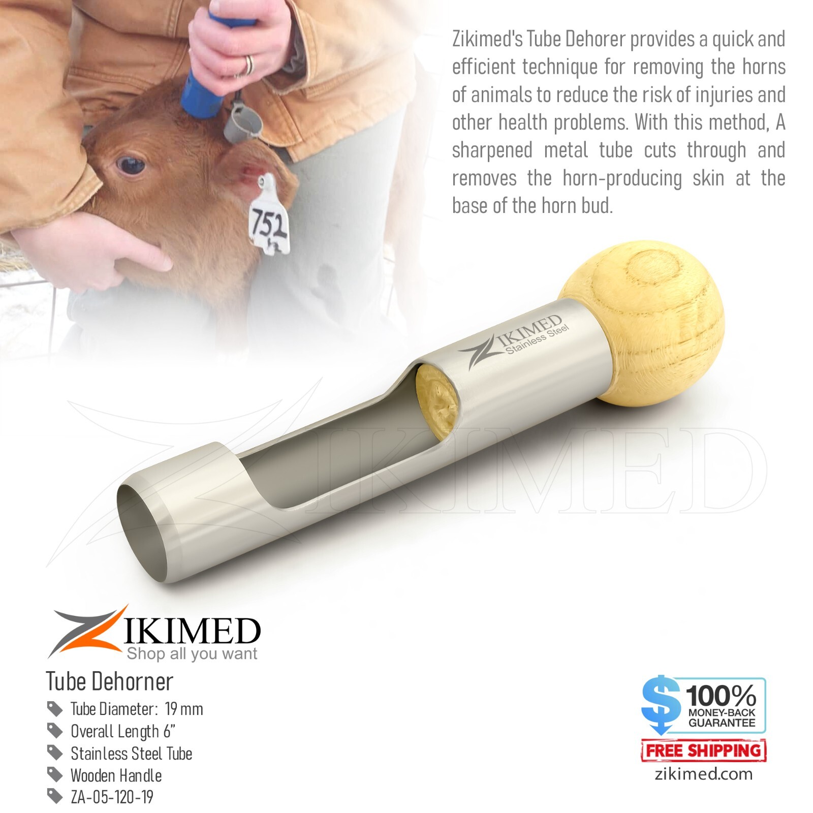 Tube Dehorner Stainless Steel & Wooden Handle, Tube Size 19 mm, 15 Cm Long