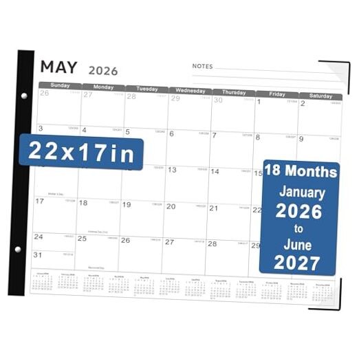 Desk Calendar 2026,  22" x 17" Large Desk Calendar, 18 Jan 2026-Jun 2027 Black