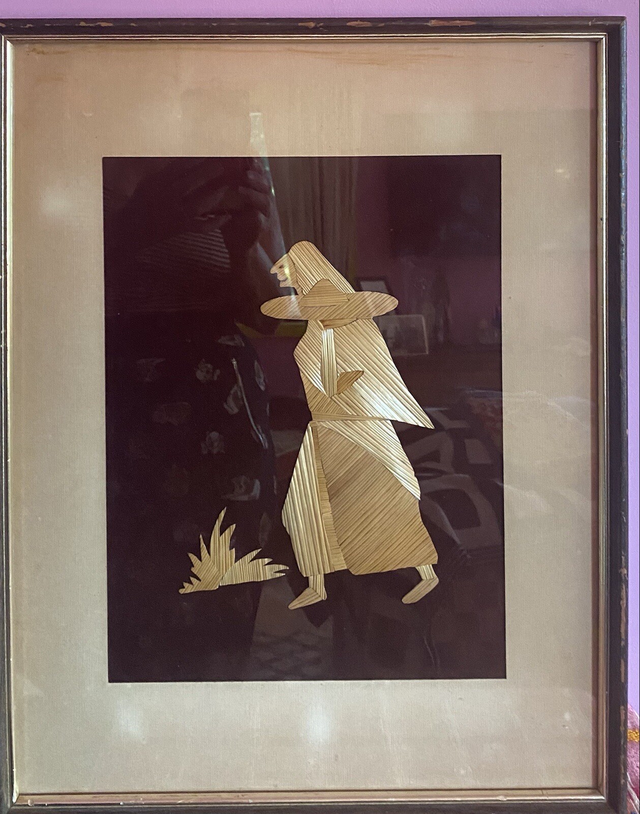 BABA YAGA Straw Collage With Witch’s  Hat FOLK ART FRAMED Handcrafted