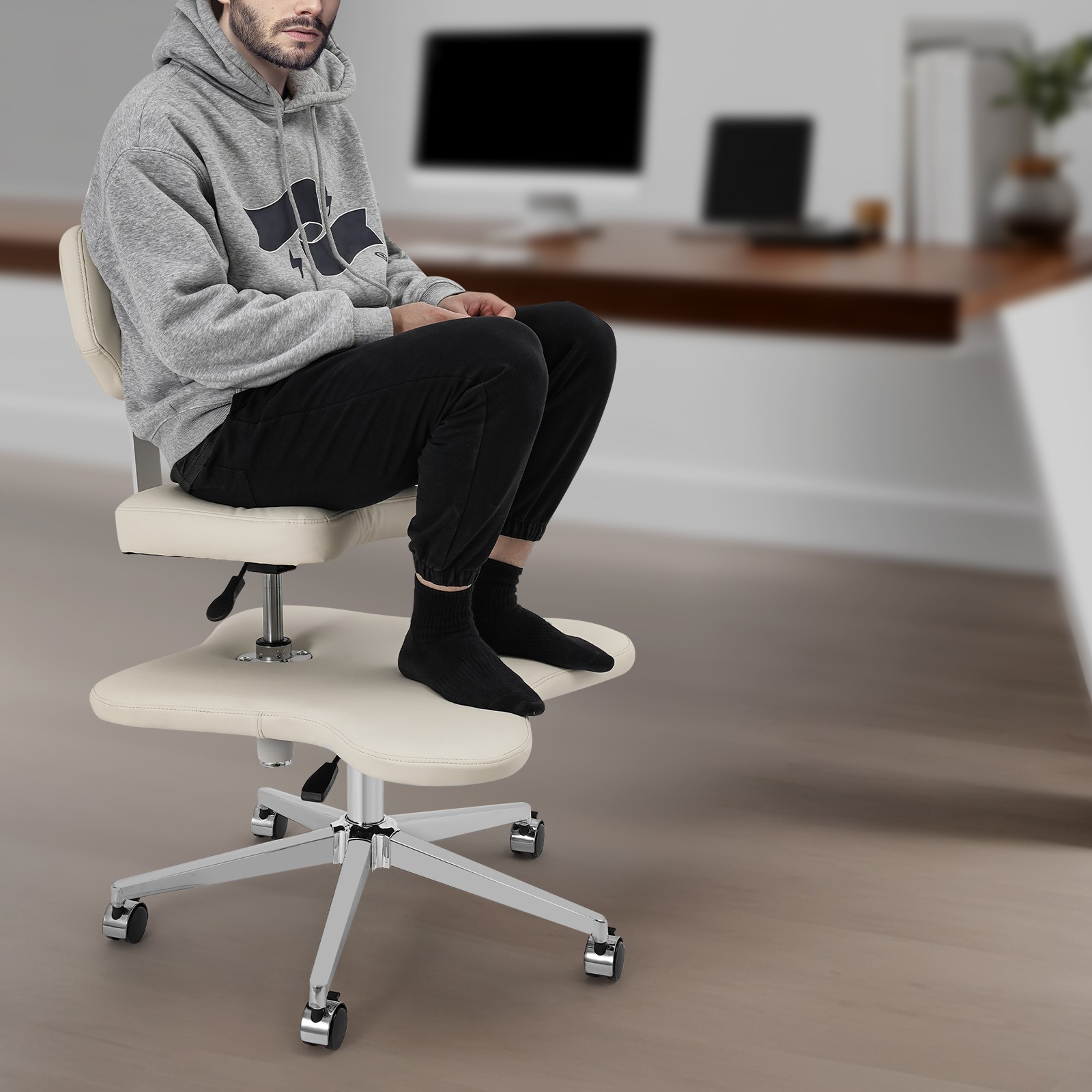 Ivory White Cross Legged Office Chair with Wheels for Meditation & Comfort