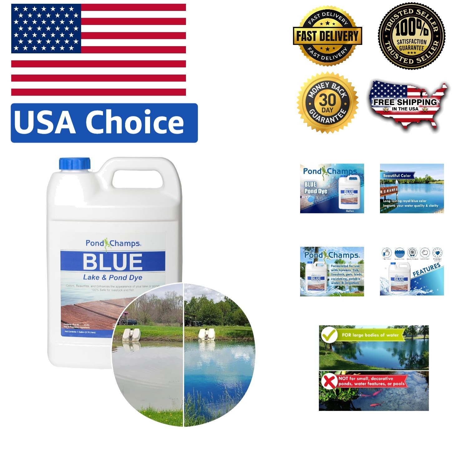 Royal Blue Lake and Pond Dye - 1 Gallon for Up to 1 Acre, Safe for Aquatic Life