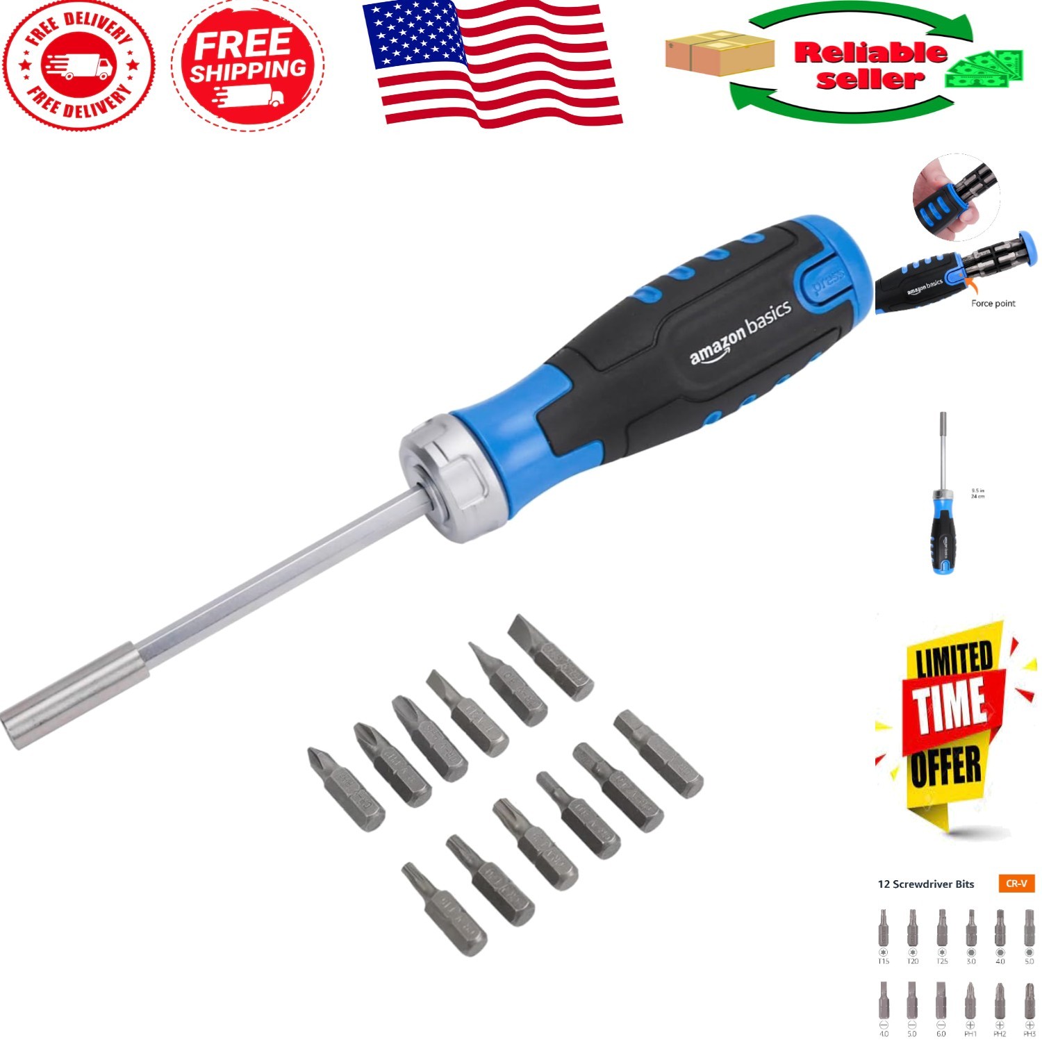 Electric 12-in-1 Ratcheting Magnetic Screwdriver with Easy Bit Storage - Silver