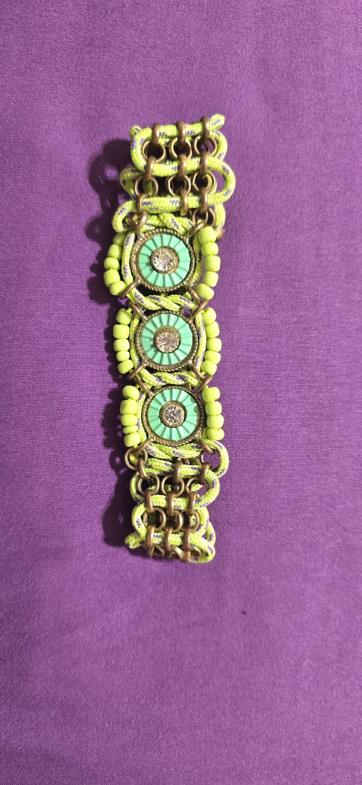 Unique Handcrafted Beads Chain Bracelet Brass Adjustable Green Purple Rhinestone