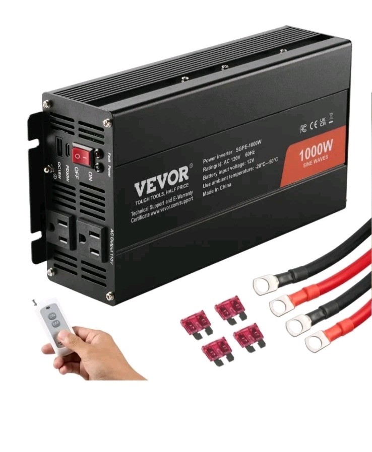 VEVOR Sine Wave Converter, 1000W, DC 12V to AC 120V, with Dual AC Sockets, 1...