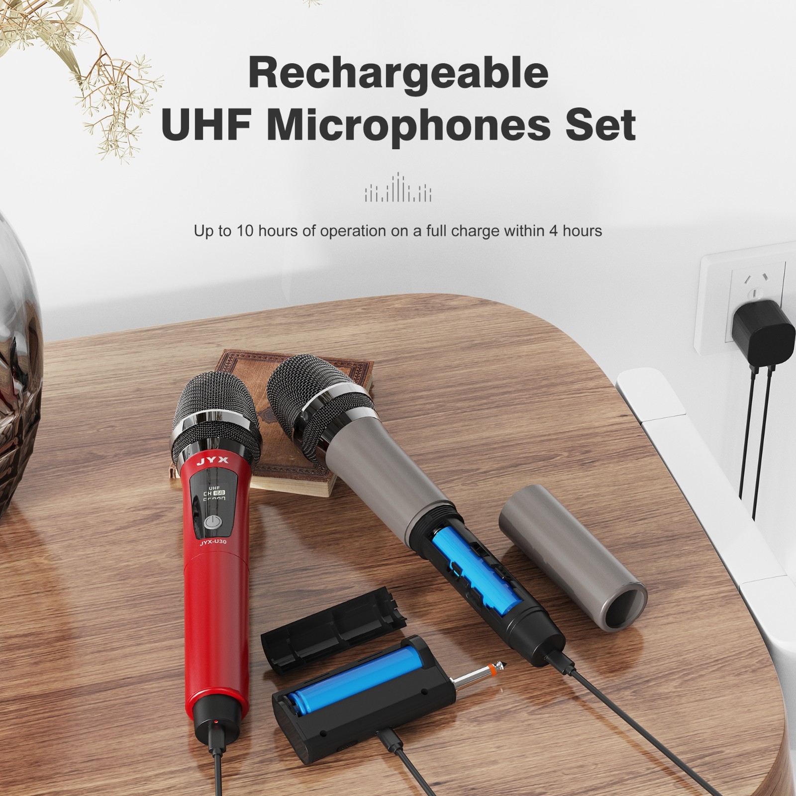 JYX UHF Dual Wireless Mic Set, Rechargeable,50M Range,Karaoke, Speech, PA System