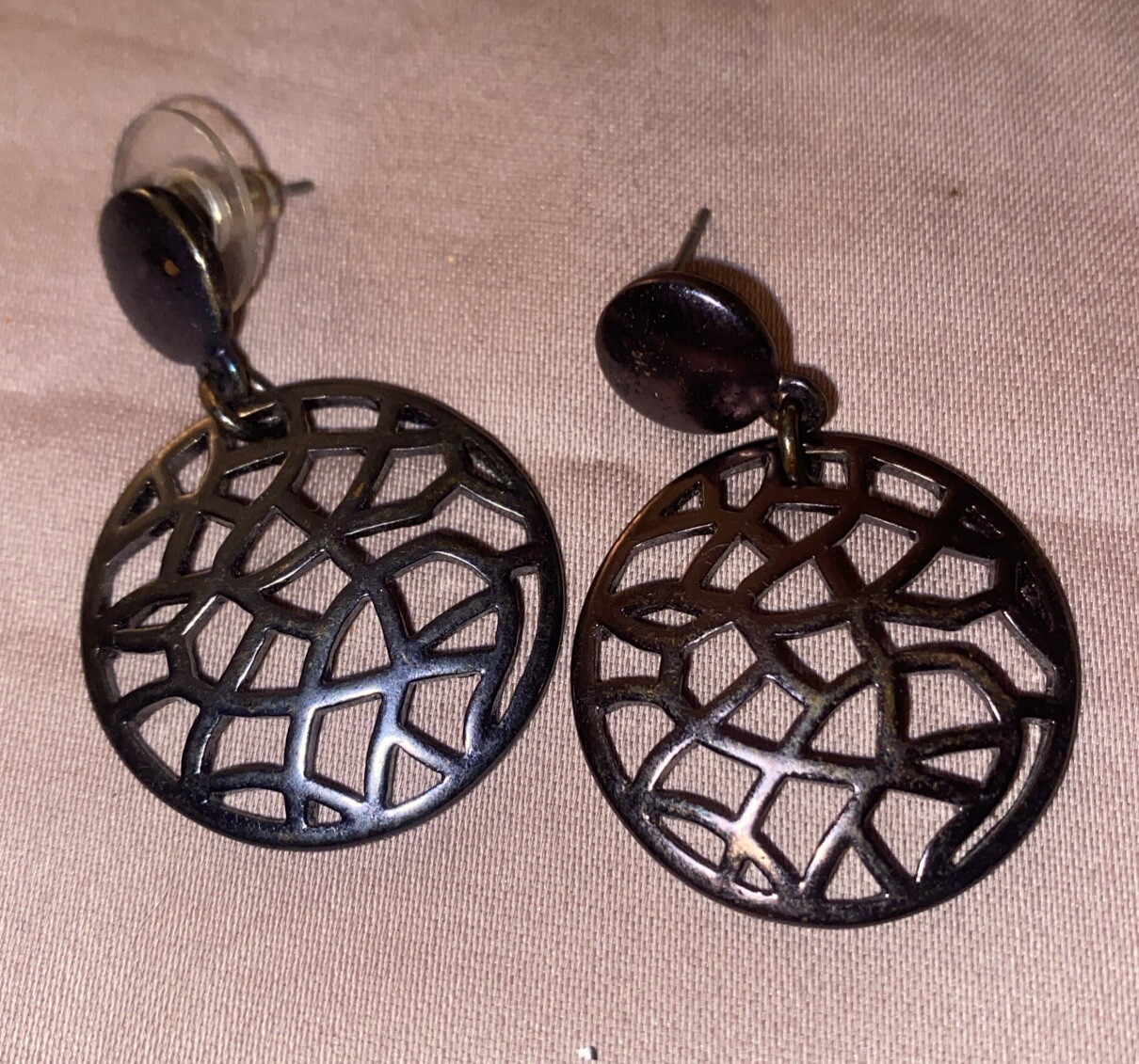 Vintage Brown Metal Dangle Pierced Earrings 1” Round With Geometric Cutouts