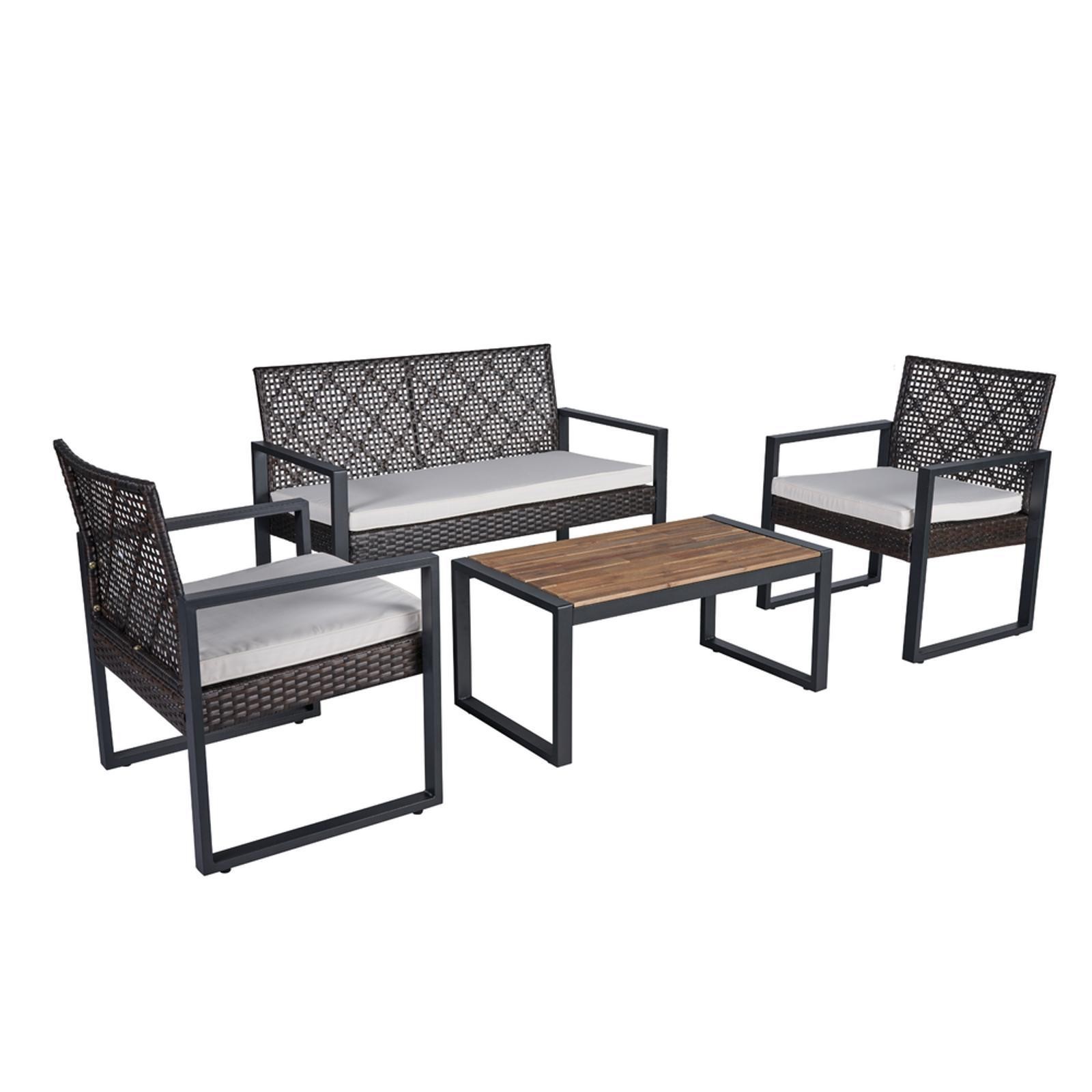 4-Piece Modern Patio Furniture Set with Acacia Wood Table Top, Rattan Chairs