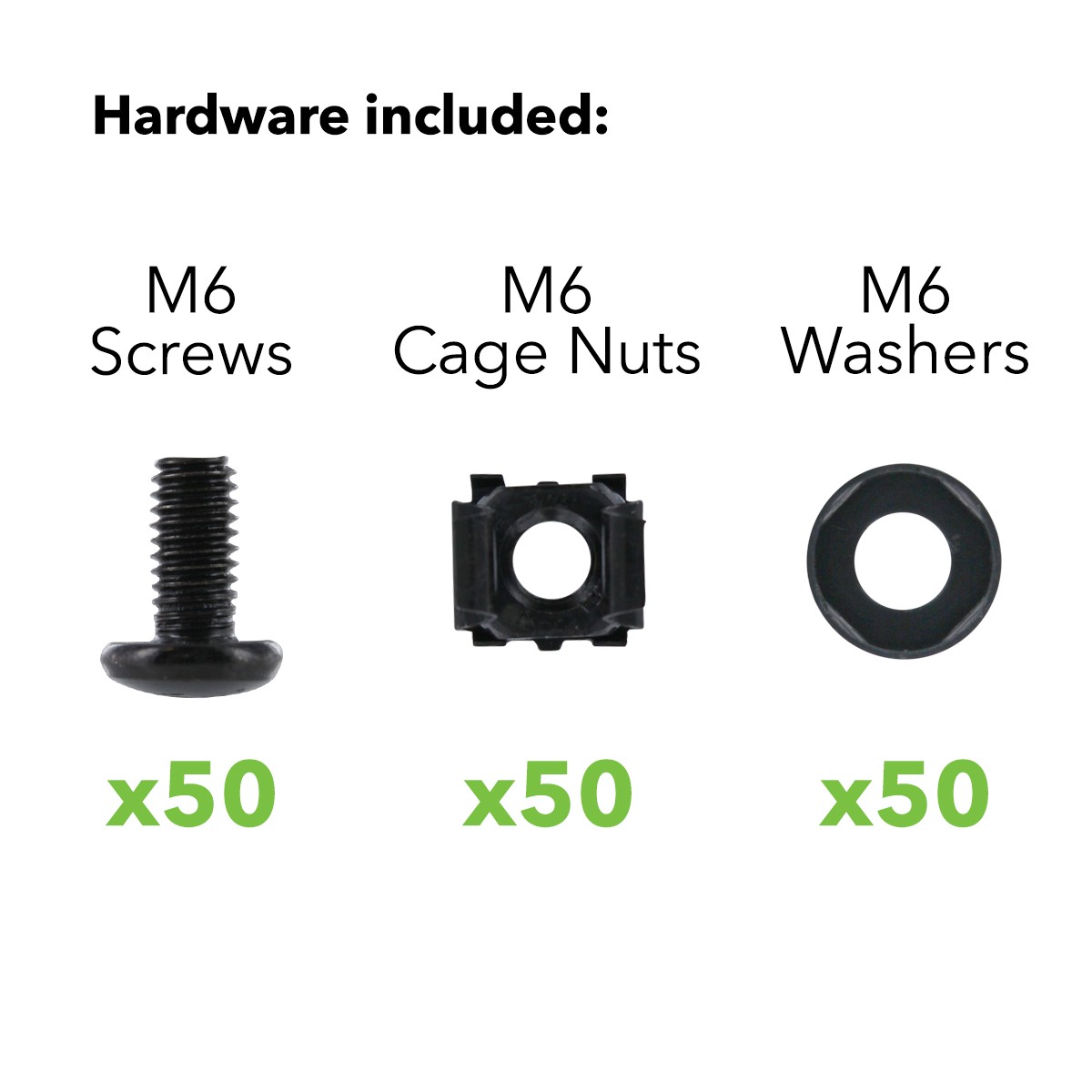 50 Pack Lot - M6 Rack Mount Cage Nuts & Screws w/Washers - Square Clips Server