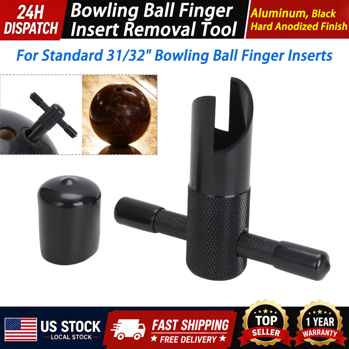Bowling Ball Finger Insert Removal Tool, 31/32" Diameter, Aluminum Black Anodize