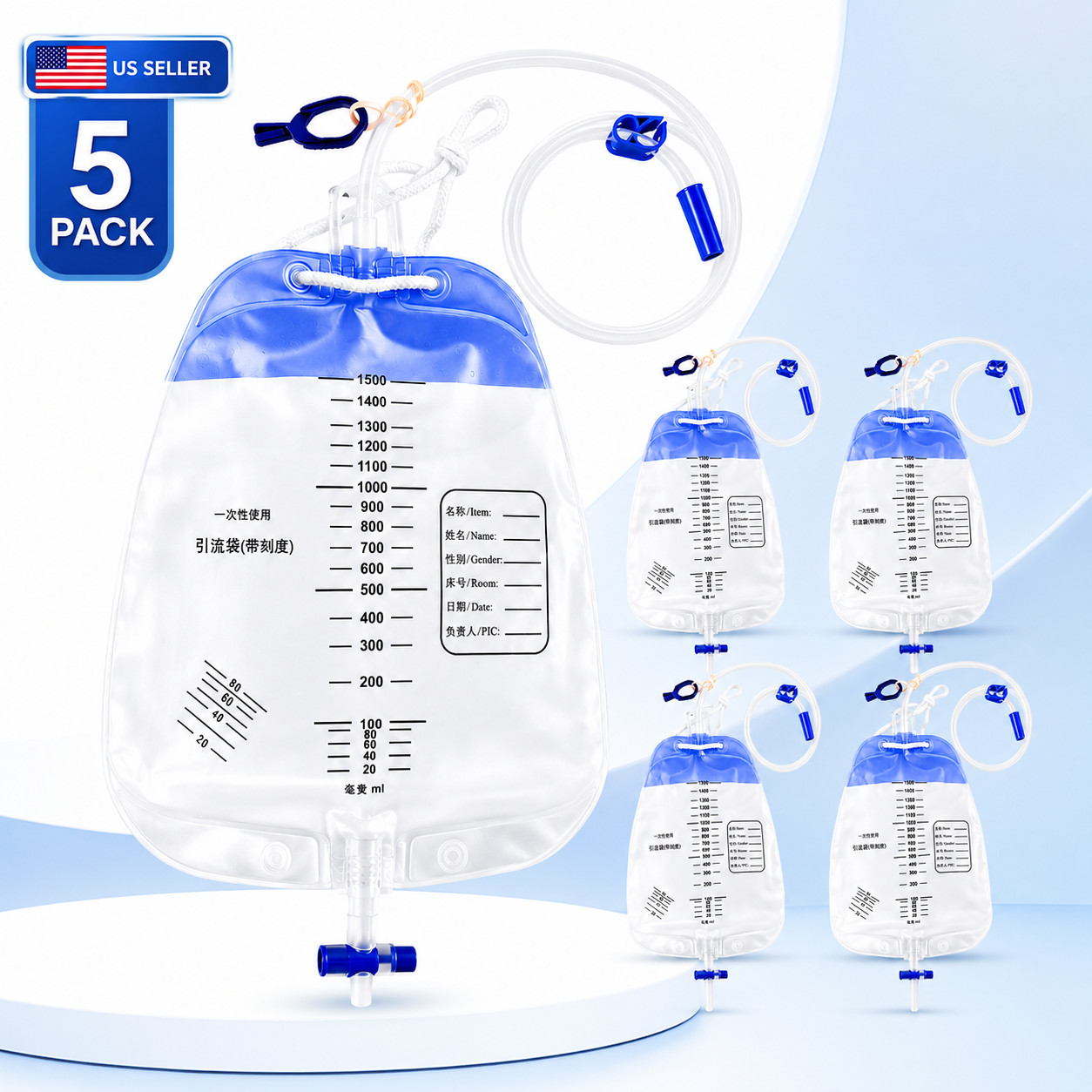 1500 ml Urine Leg Bag, 5 Pack Easy-Tap Disposable Urinary Drainage Bag