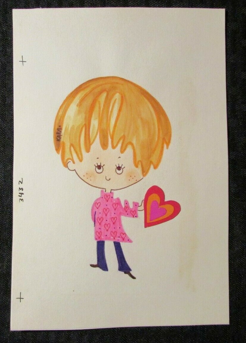 VALENTINES DAY Cute Girl in Pink Shirt w/ Heart 6x9" Greeting Card Art #3432