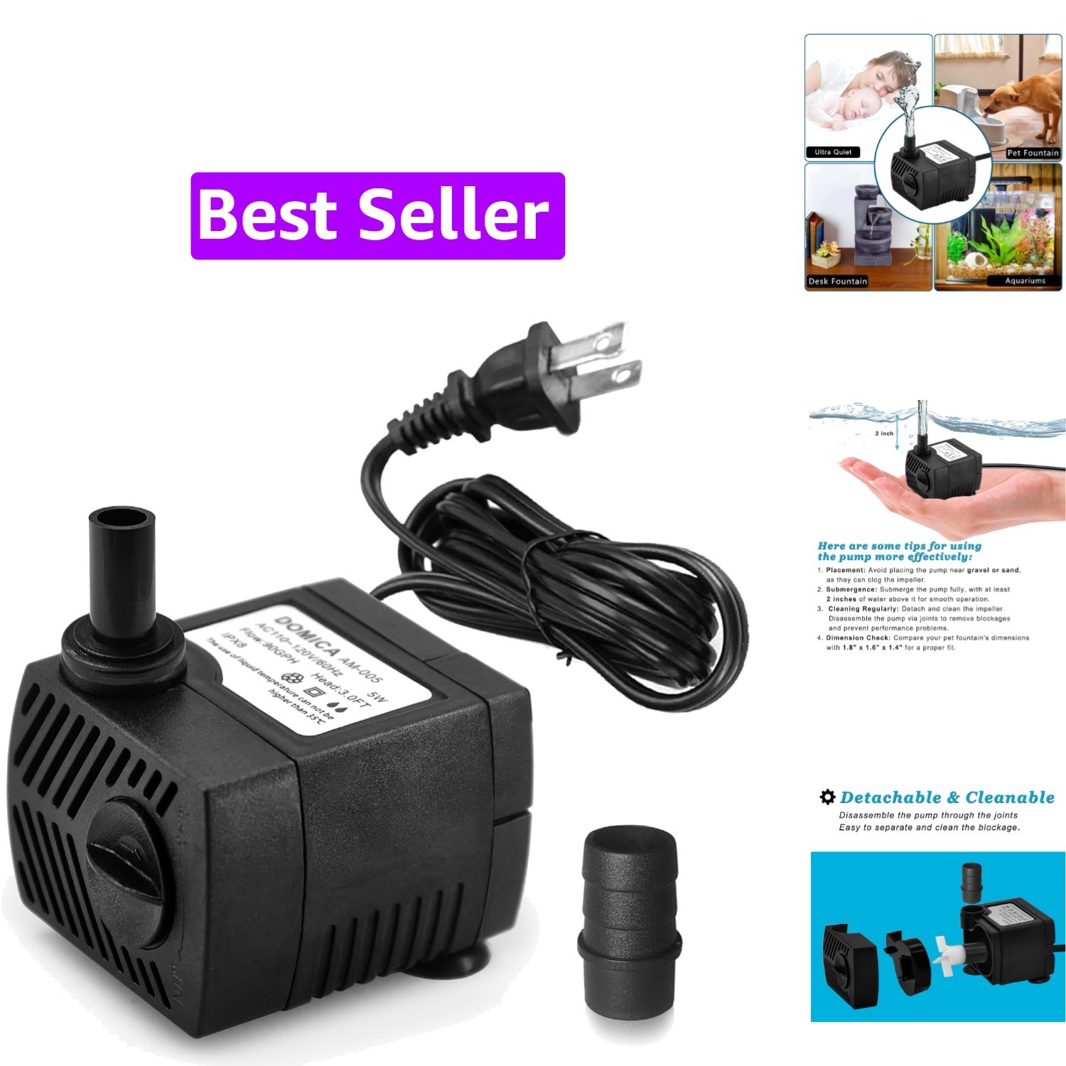 90 GPH Mini Submersible Pump, Small Fountain Pump 5W 350L/H for water feature...