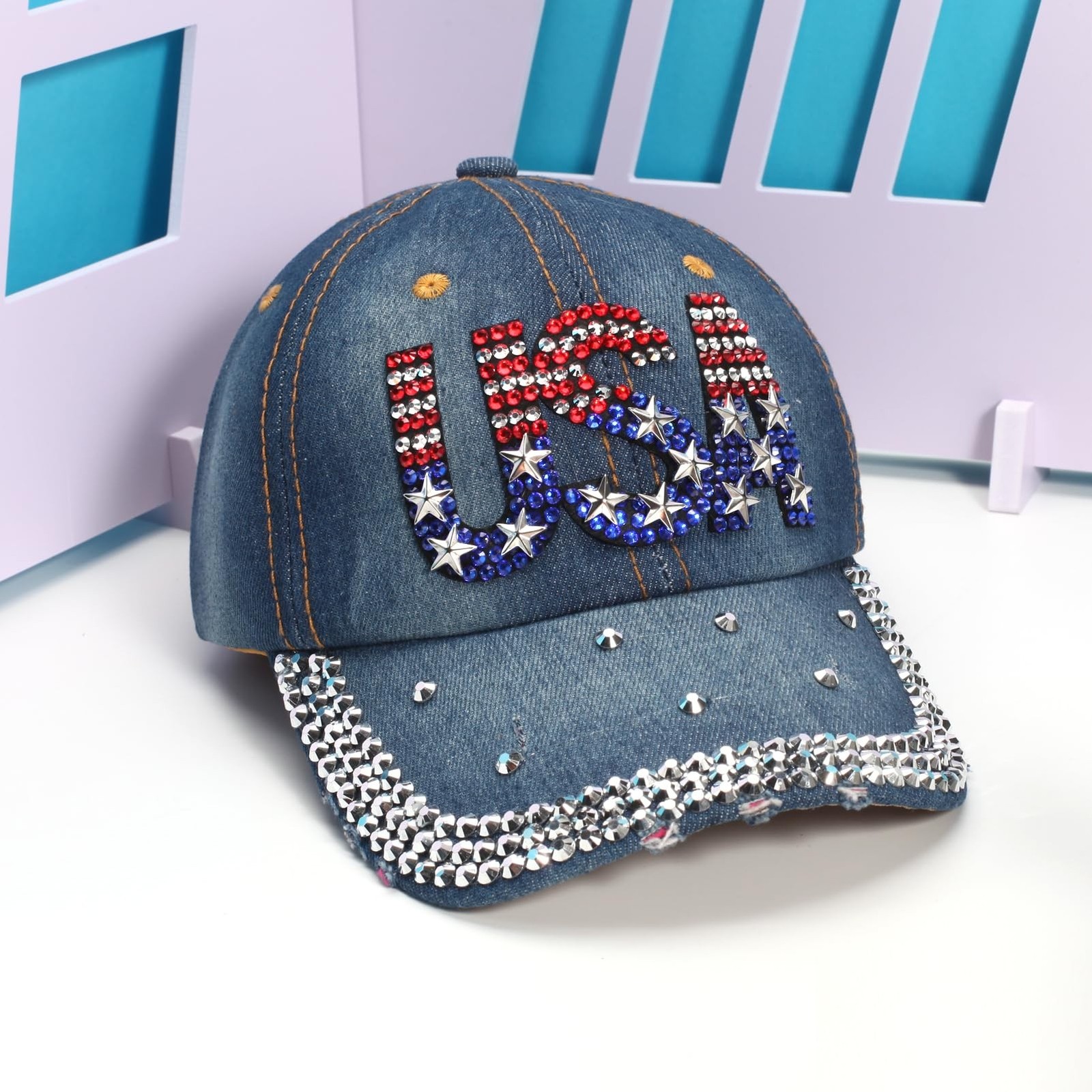American Flag Hats Love Breast Cancer Adjustable Rhinestone Baseball Cap USA ...