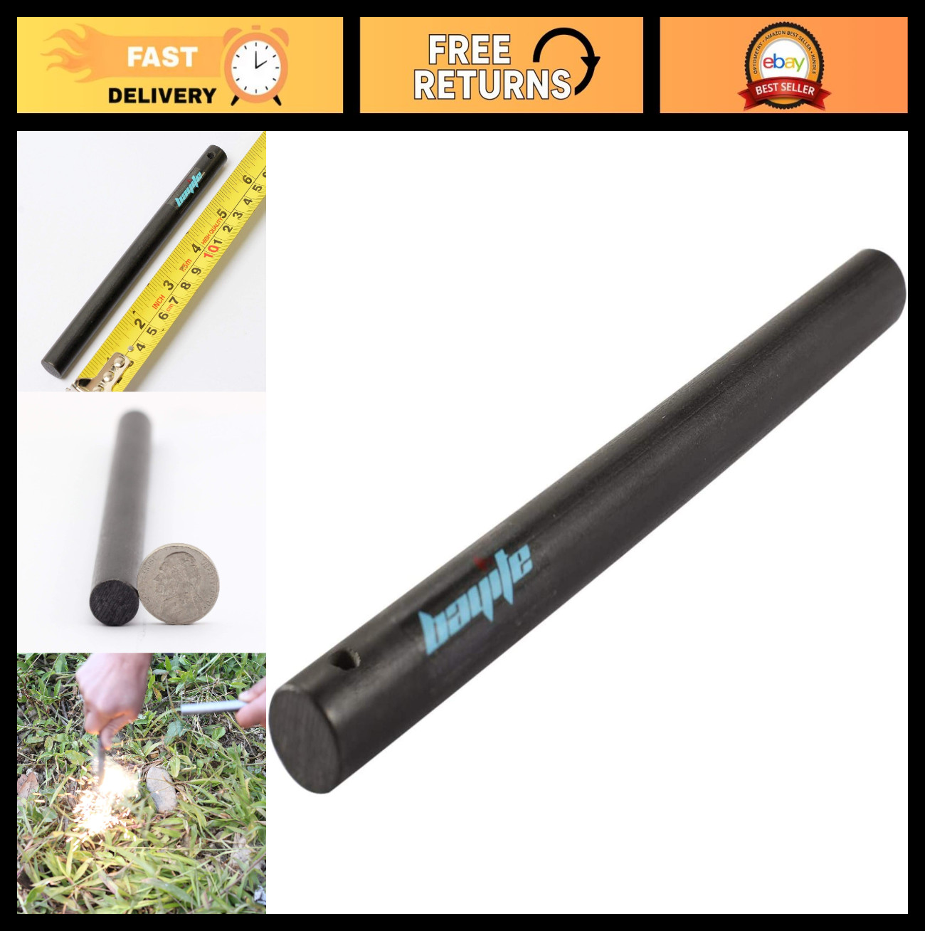 Large 1/2" x 6" Ferro Rod Fire Starter - Drilled Ferrocerium Flint Steel for Cam