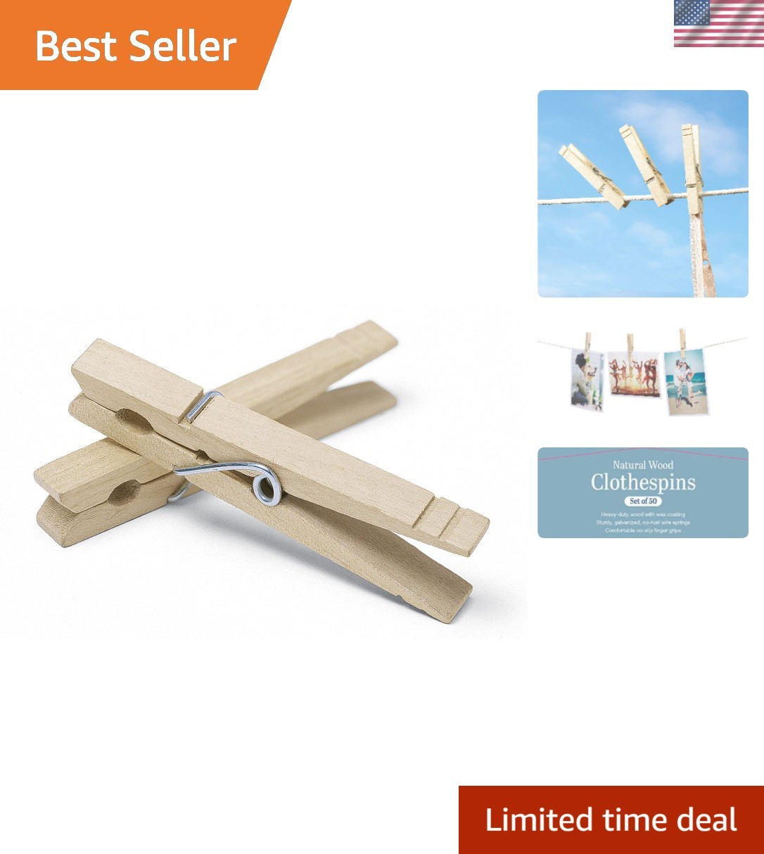 50-Pack Wooden Clothespins - Rust-Resistant DIY Clips for Crafts