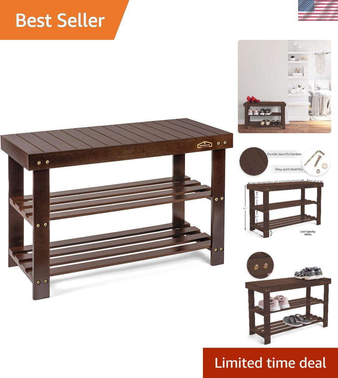 Elegant 3-Tier Bamboo Shoe Rack Bench - Durable & Stylish Entryway Organizer