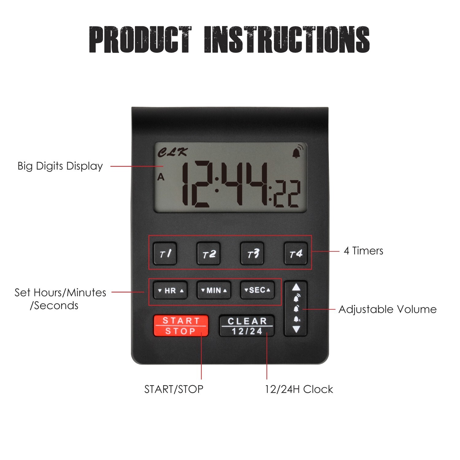 Digital Kitchen 4 Channel Timers Countdown/Count-up Clock Stopwatch Loud Alarm
