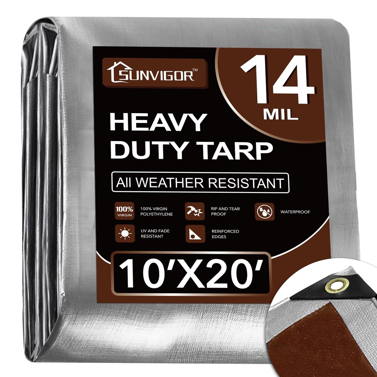 Sunvigor Tarp Waterproof 10x20Ft, Heavy Duty Tarp Cover Extra Thick 14 Mil Te...