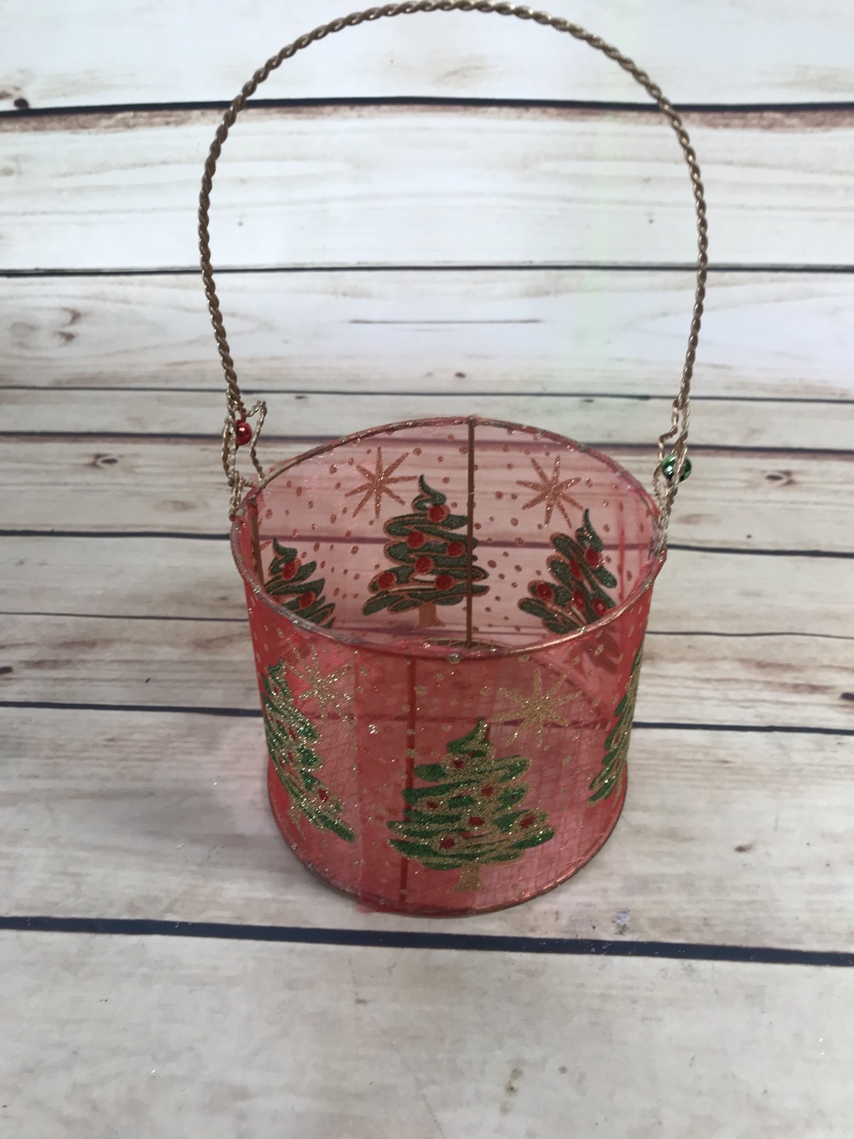 Christmas Tree Gold Tone Sparkle Mesh BASKET Bells Home Decor Red Green Holiday