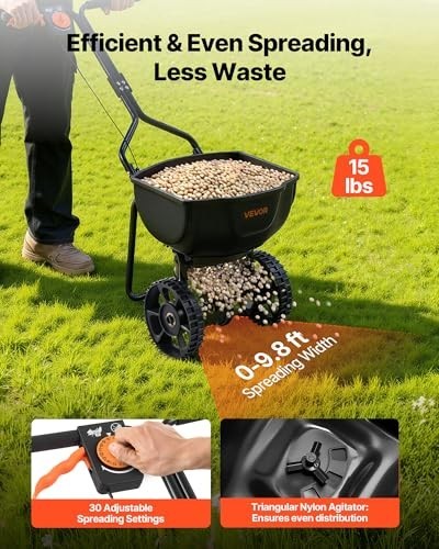 Push Broadcast Spreader 9.8ft Width, 15lbs Capacity, All-Terrain Tires, Adjustab