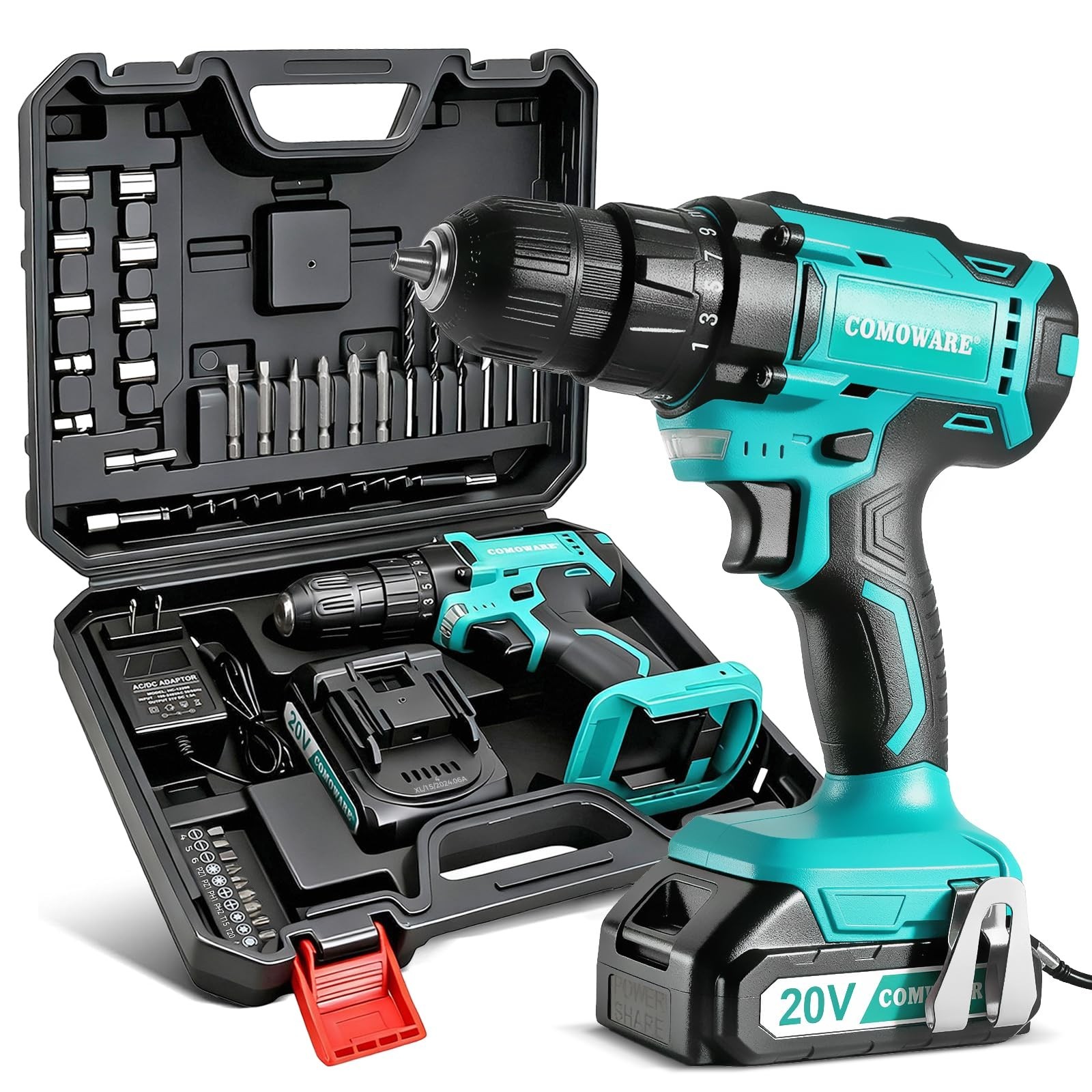 COMOWARE 20V Cordless Drill Set 3/8" Keyless Chuck 266 In-lb Torque 34pcs Bits