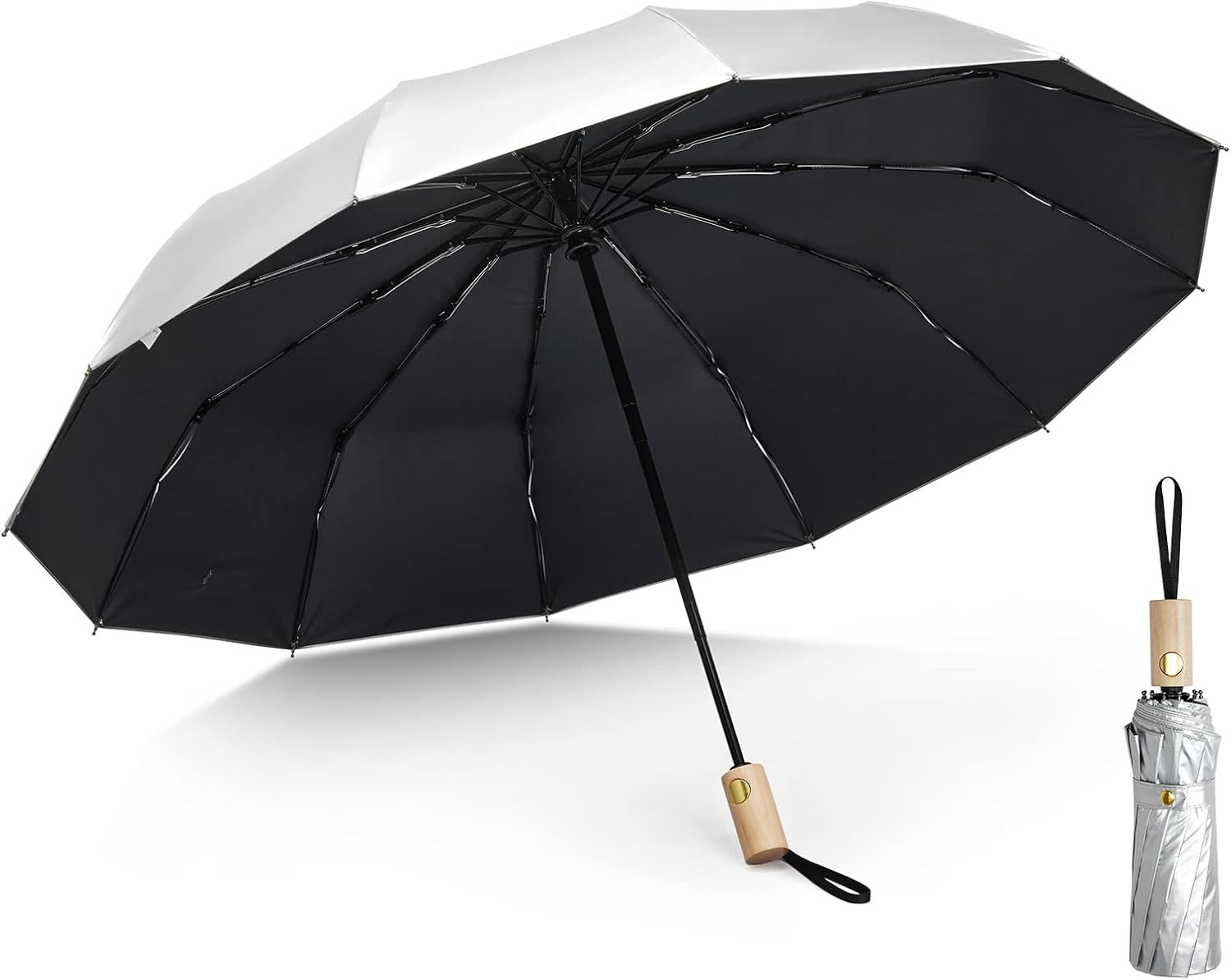 G4Free 46 Inch UPF 50+ UV Protection Large Travel Umbrella with Wooden Handle, 1