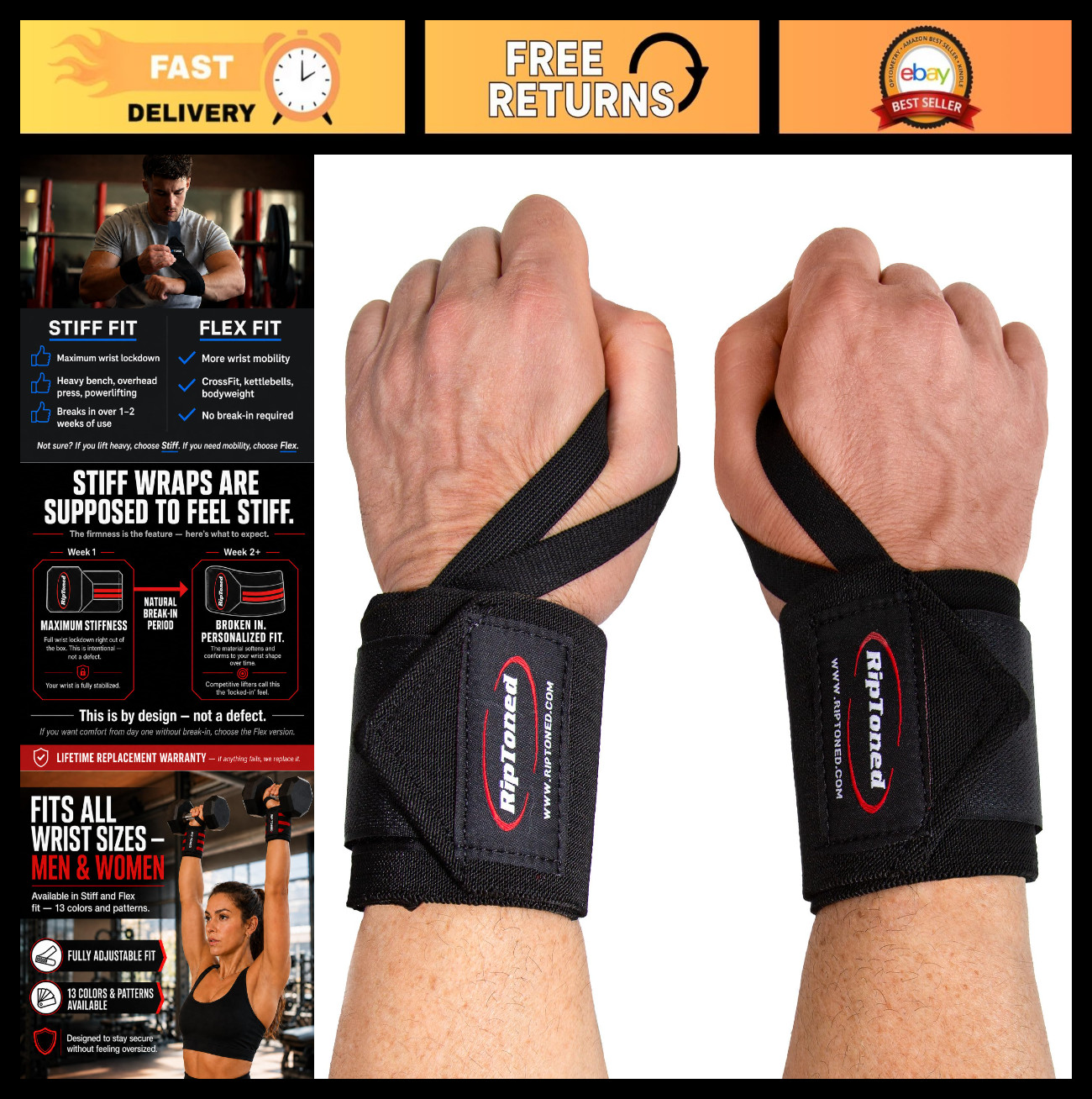 18" Weightlifting Wrist Wraps - Stiff/Flex Options, Thumb Loop, Max Support for