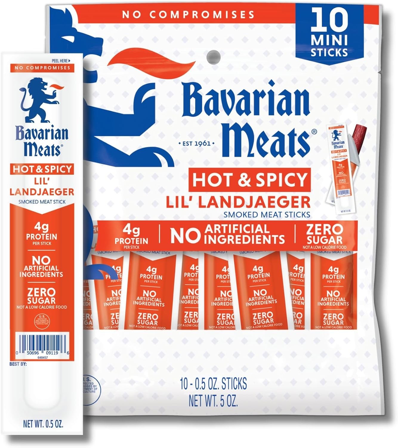 Hot & Spicy Lil' Landjaeger Meat Sticks, Individually Wrapped Smoked Sausage