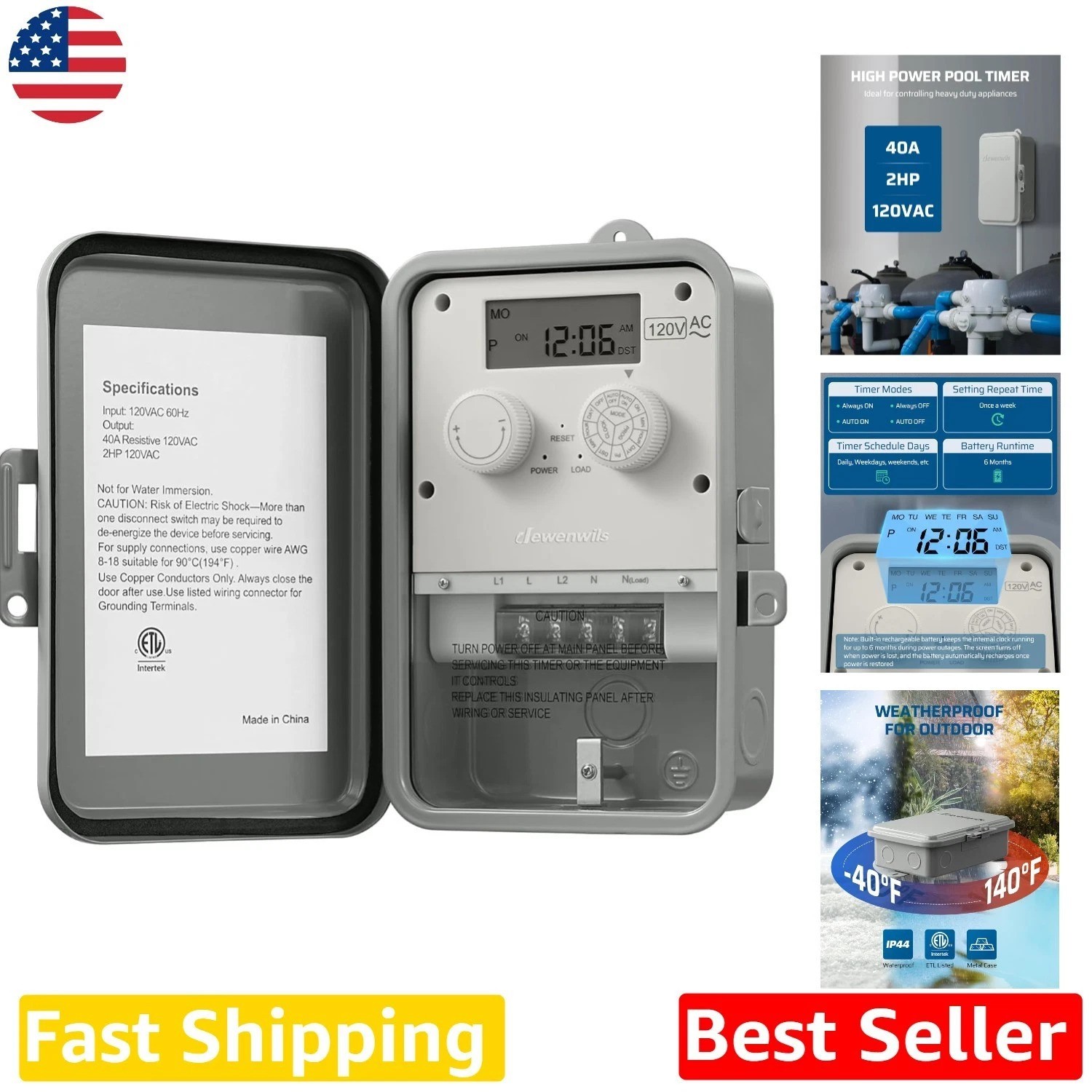 Outdoor Pool Timer 2HP 40A 7-Day Programmable  Listed 12 ON/OFF Schedules