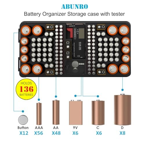 Battery Organizer Storage Case with Tester, Stores & Holds 136 Batteries