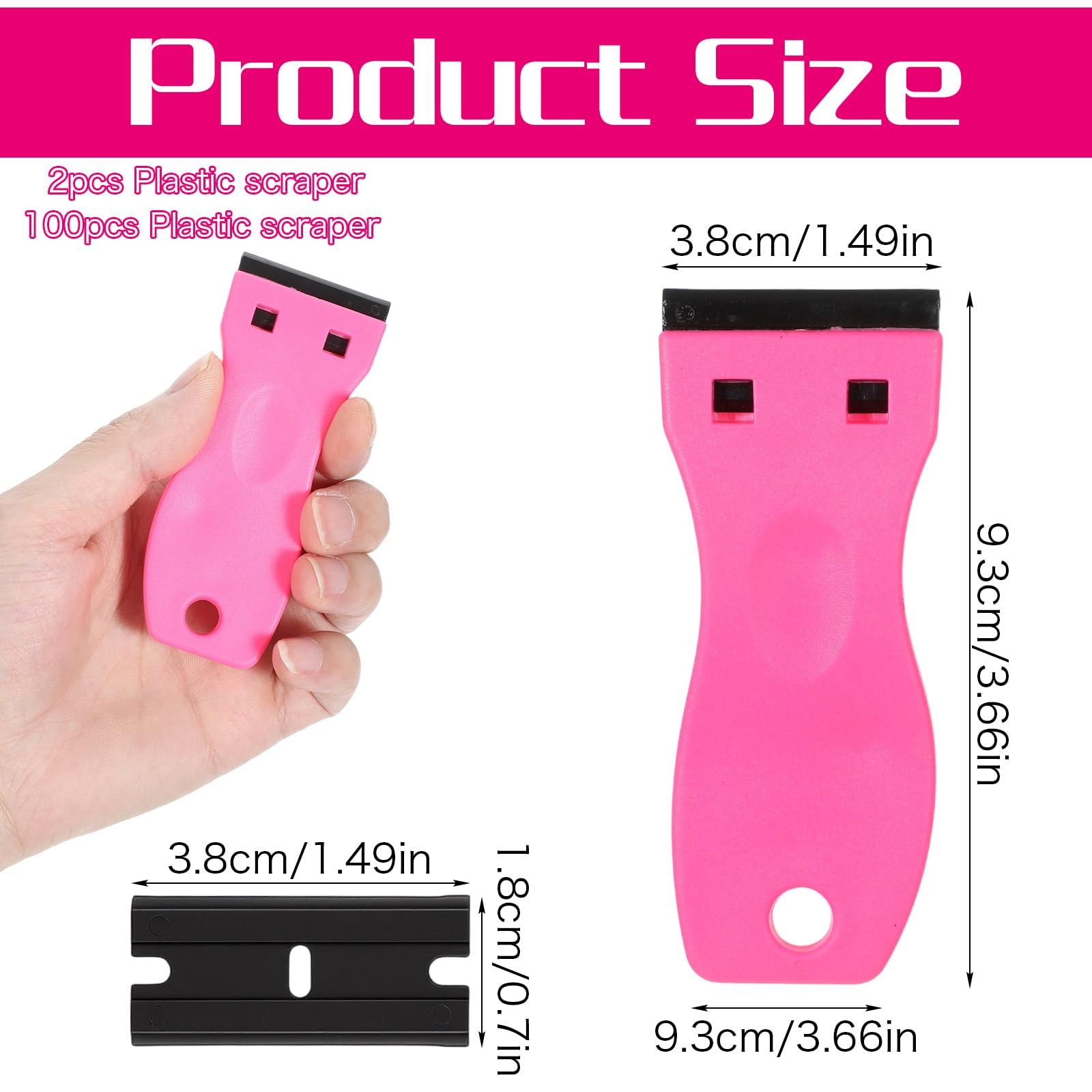 2 Pack Plastic Razor Blade Scraper, Hot Pink Plastic Scraper Tool with 100 Pc...