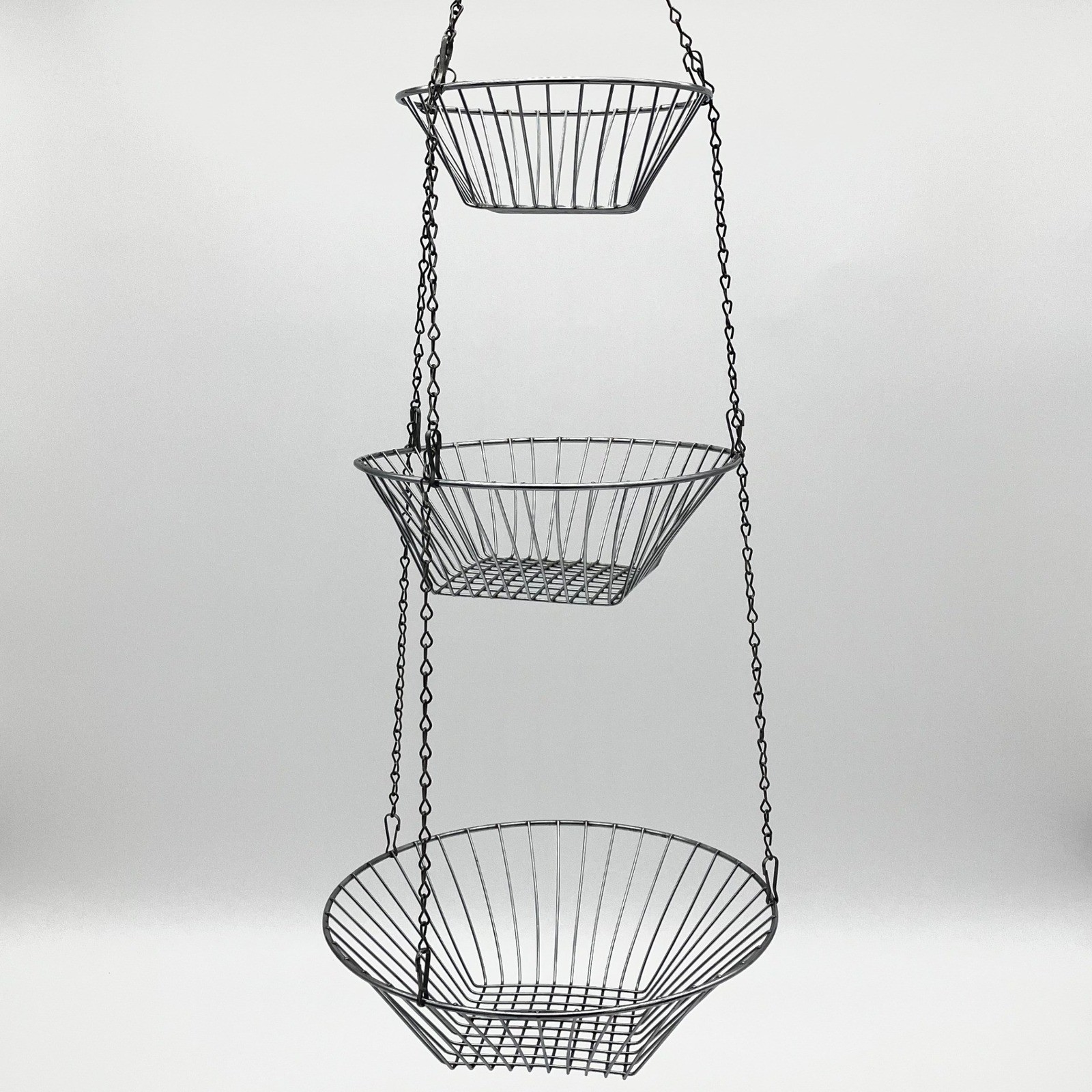 Vintage Hanging Fruit Basket 3-Tier 7/9/11in Silver Wire Mesh Organizer Sturdy
