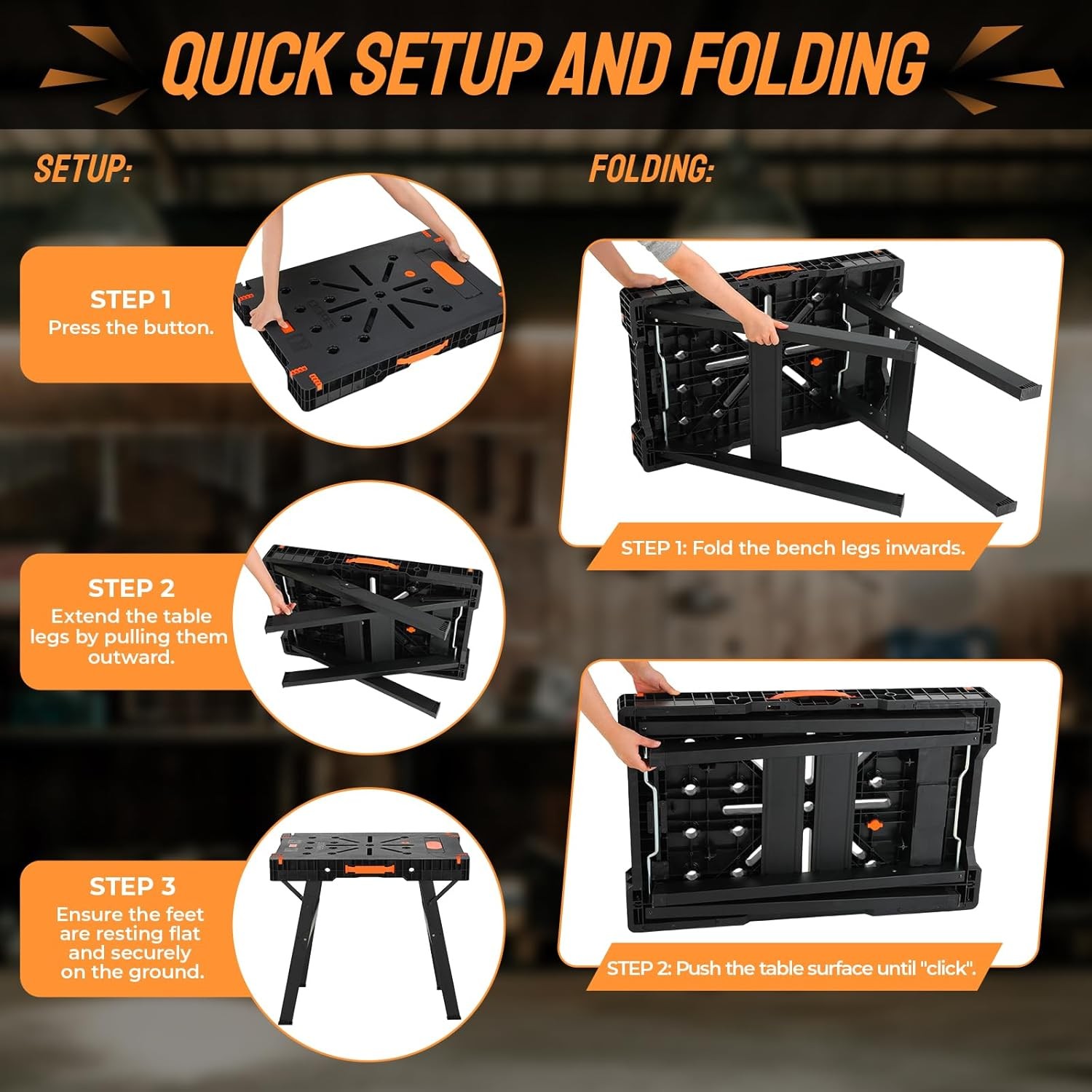 Folding Work Bench with Clamps & Power Strip Portable Work Table 34"W x 22"D