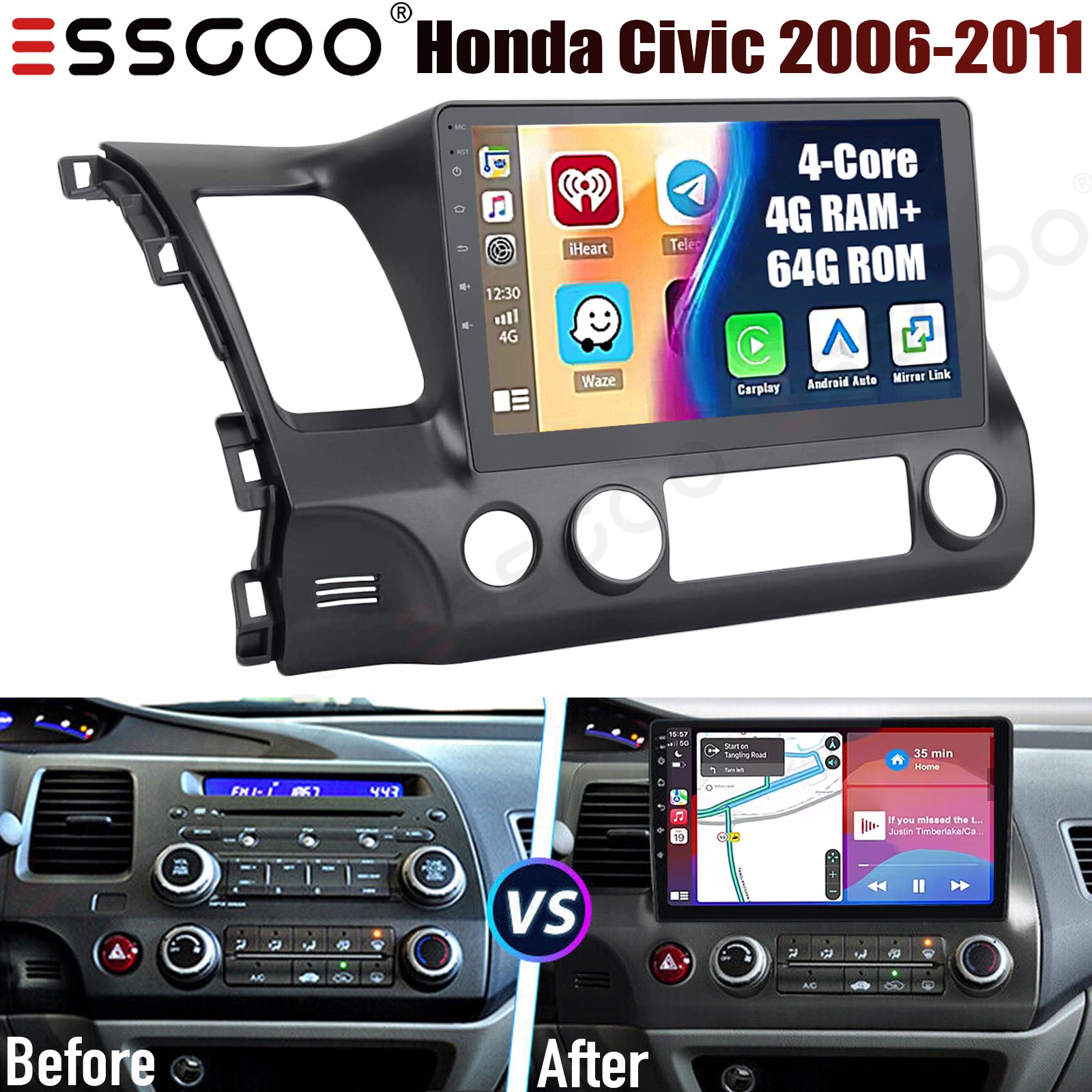 4+64G For Honda Civic 2006-2011 CarPlay Android 15 Car Stereo Radio GPS WiFi RDS