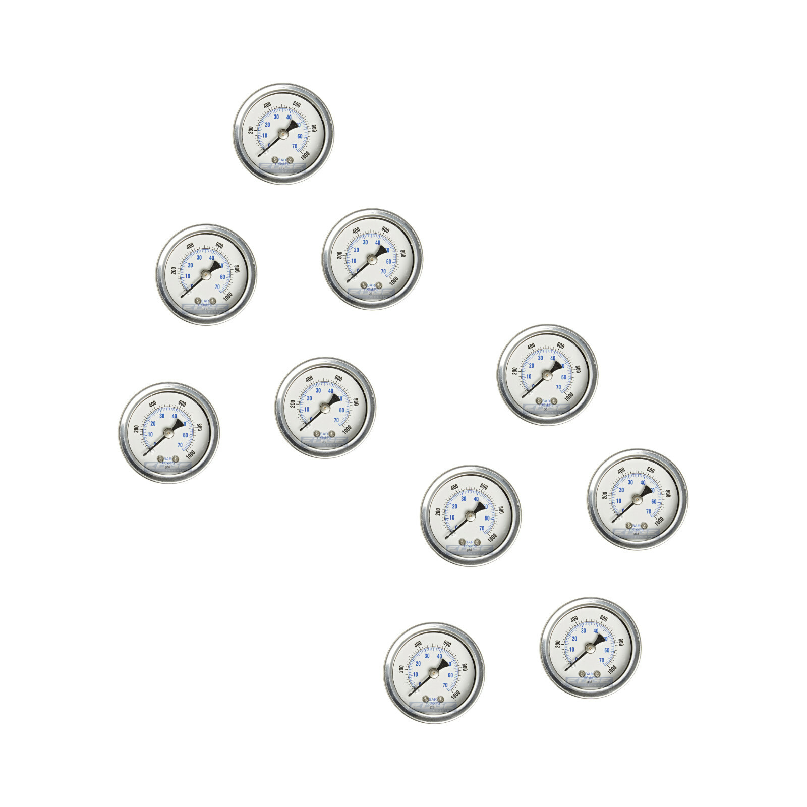 10 PACK LIQUID FILLED PRESSURE GAUGE 0-1000 PSI, 1.5" FACE, 1/8" NPT BACK MOUNT