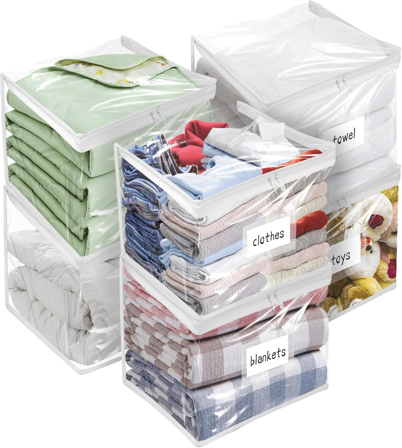 Kikerike Plastic Storage Bags with Easy-Glide Zipper, Pack of 6, Durable Clear V