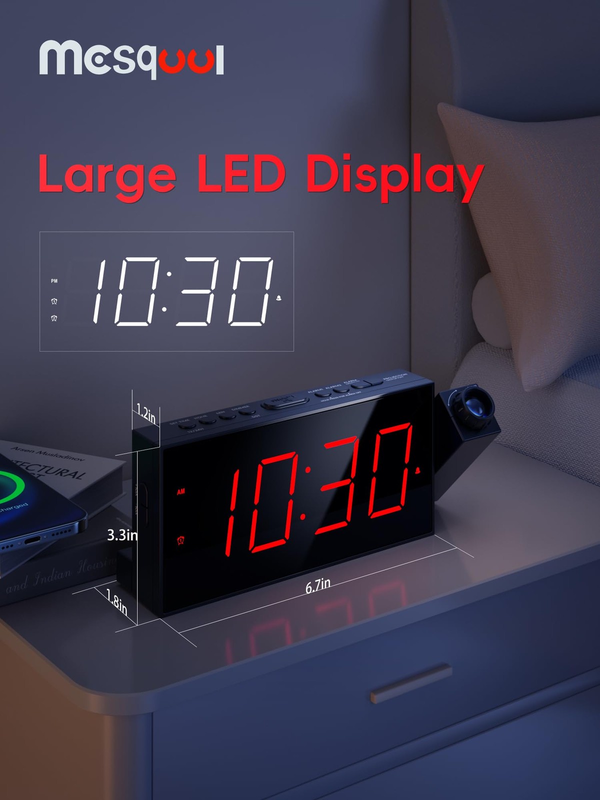 Mesqool Projection Alarm Clock, with Projection, Red Digits;