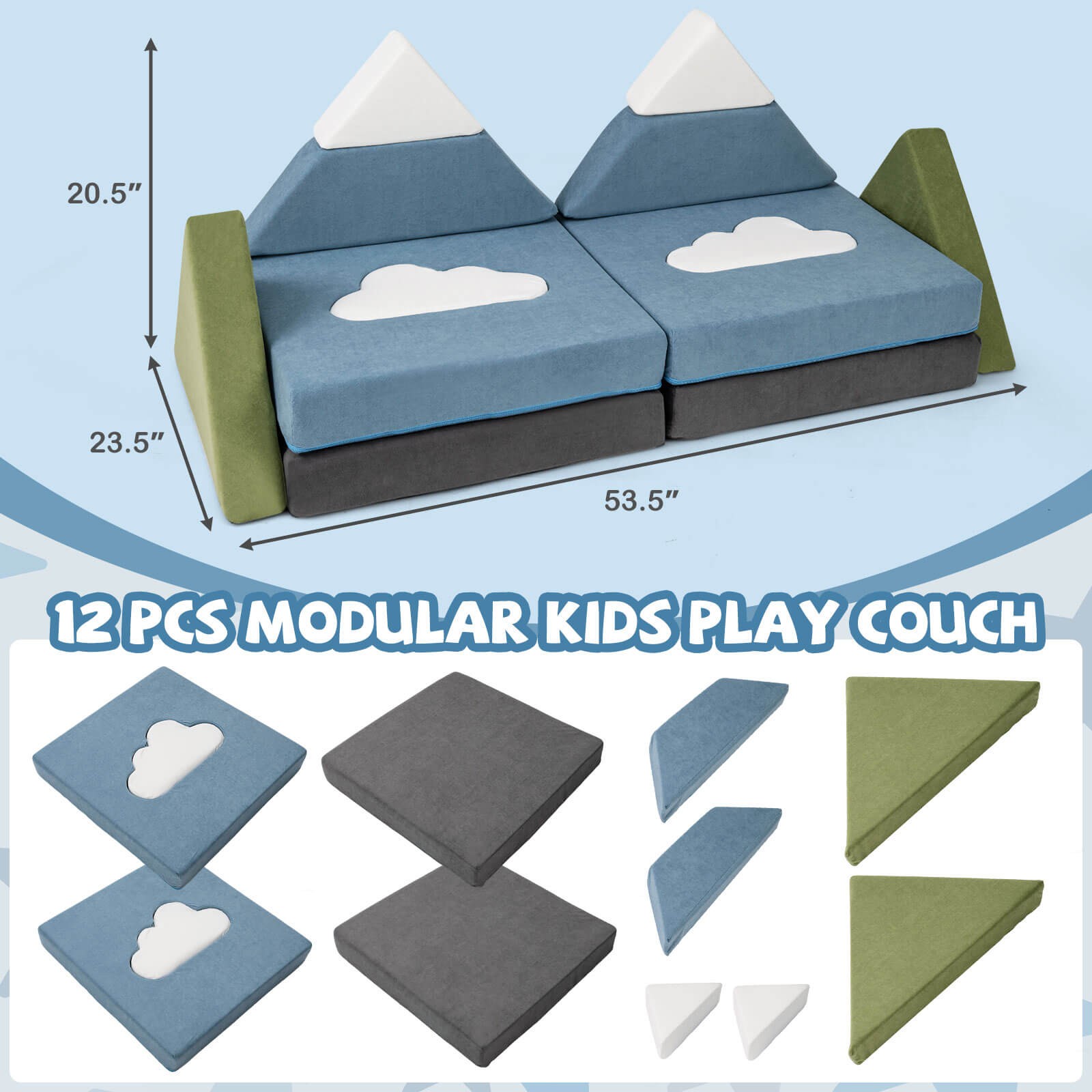 12 PCS Modular Kids Play Couch, Snow Mountain Theme Toddler Foam Building Fort