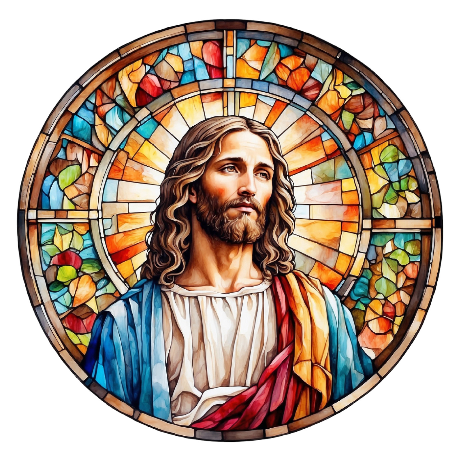 Jesus Round Sticker 4" Colorful Stained Glass Style Vivid Bible Christian Love