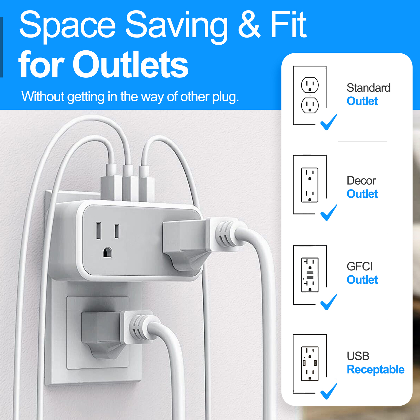 Multiple Plug Outlet Splitter With 3 USB Wall Charger 2 Electrical Outlets
