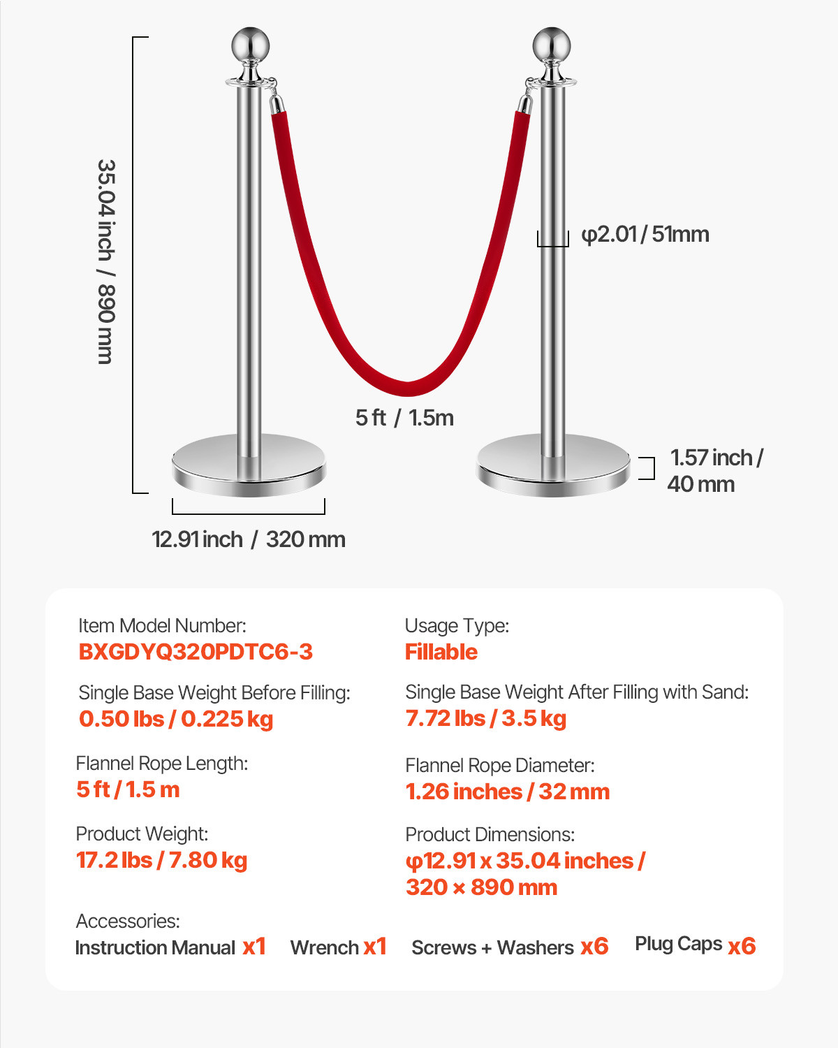 6 Pcs Silver Stanchion Post 3 Red Velvet Ropes Sand Injection Hollow Base