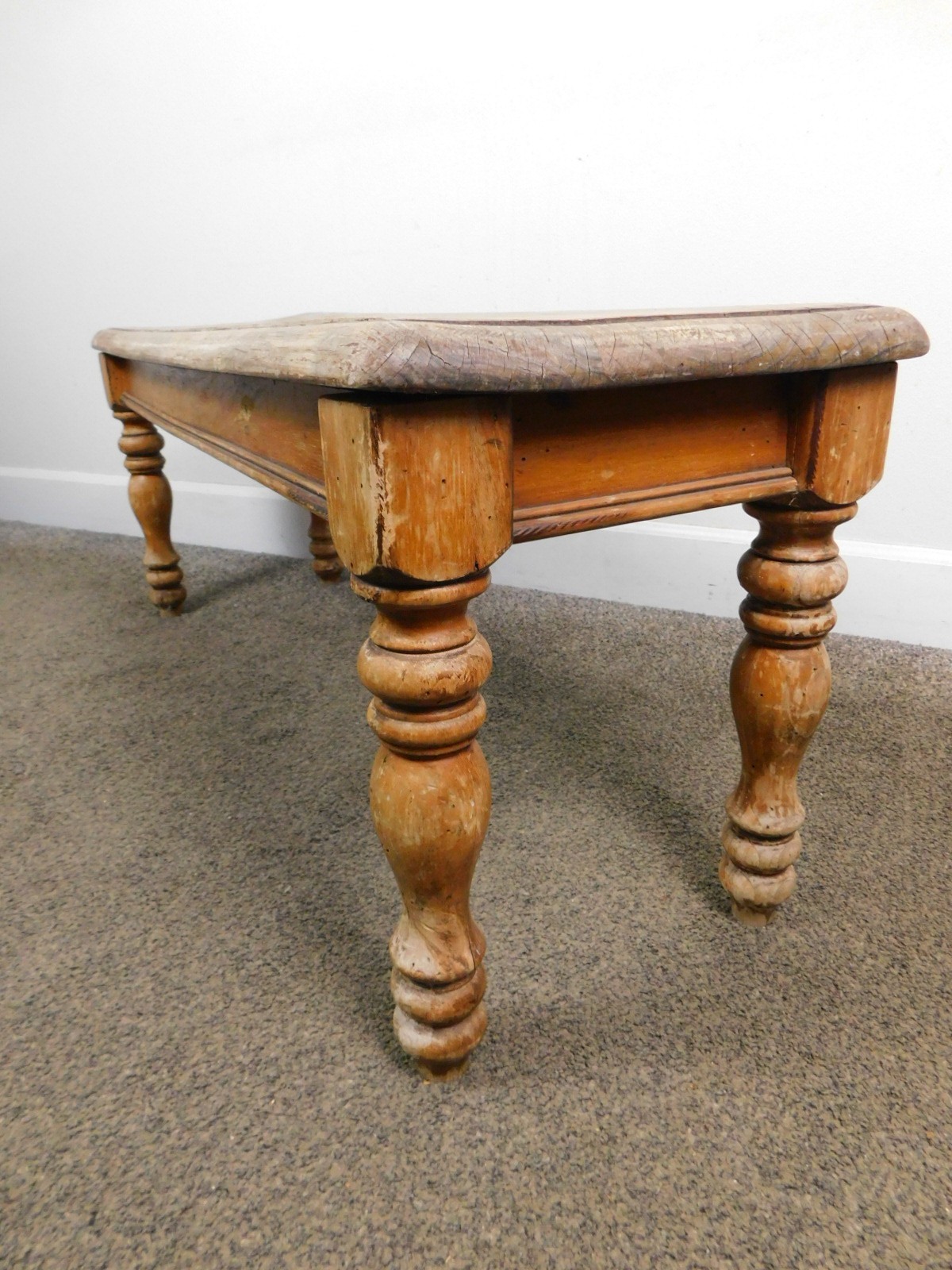 Antique French Country Distressed Wood Farmhouse Porch Bench Turned Legs Vintage