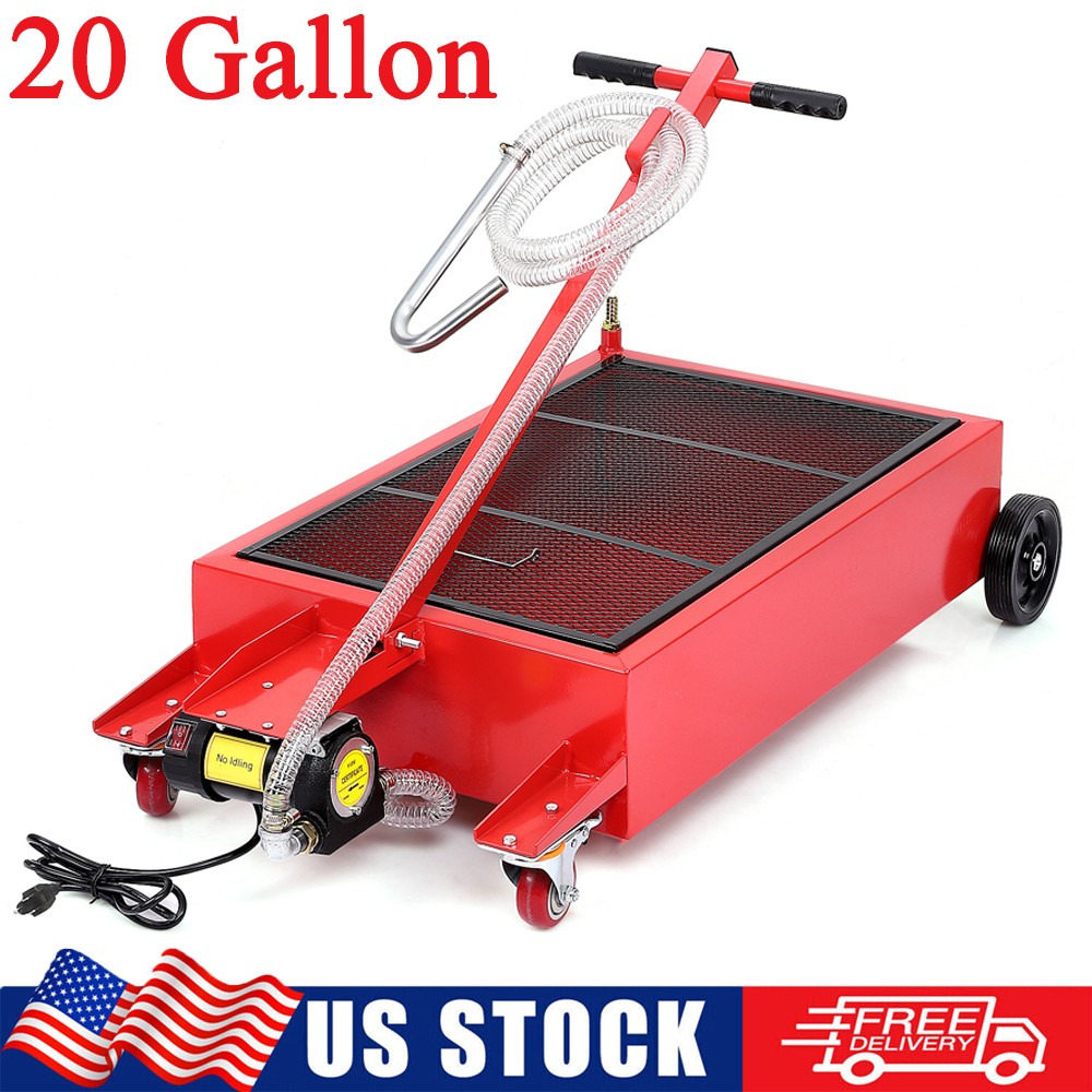 20 Gallon Oil Drain Pan Low Profile Dolly Cart with 110V Electric Pump 7.2' Hose