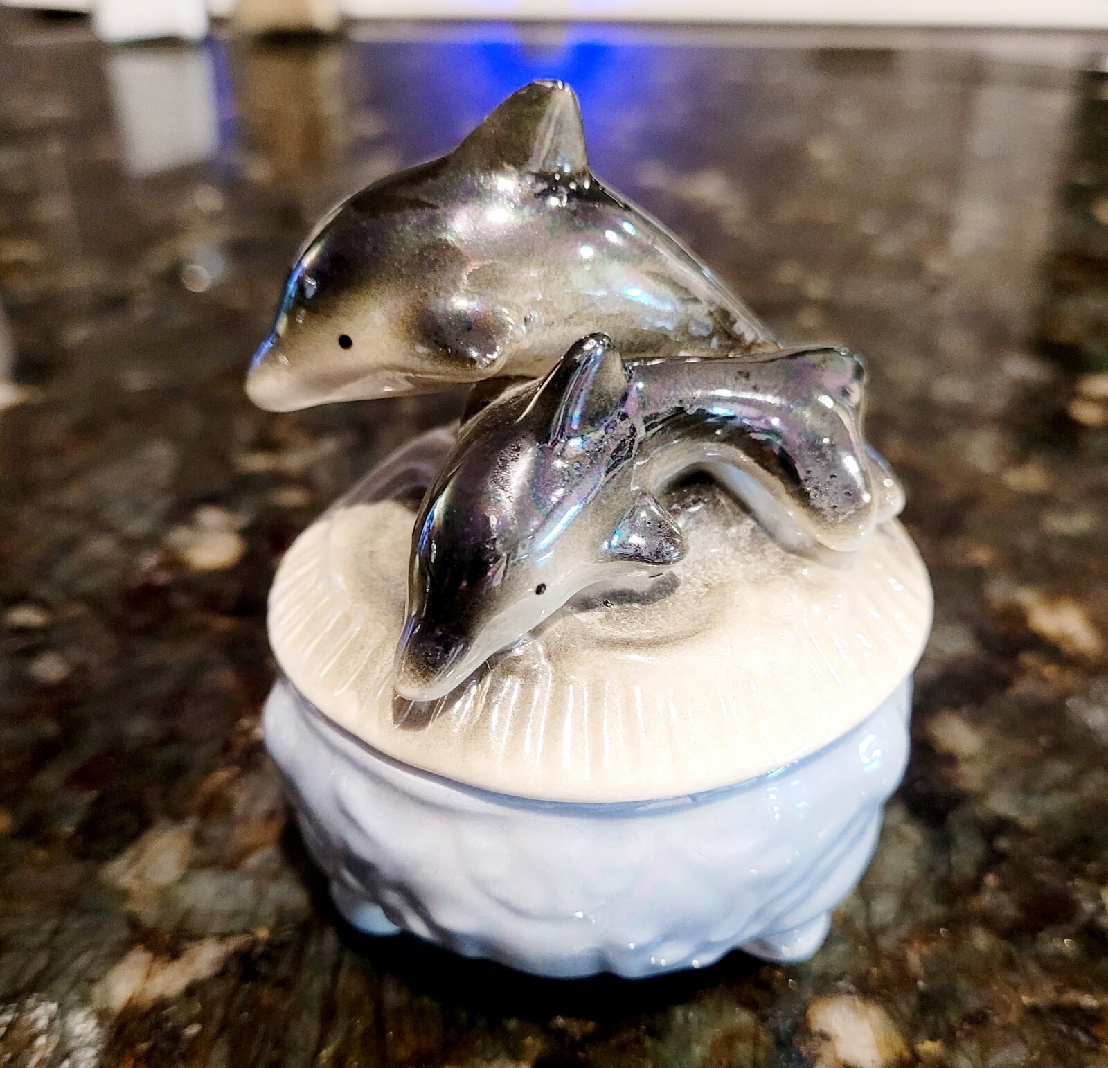 Ceramic Whimiscal Double Dolphins Lidded Trinket Box