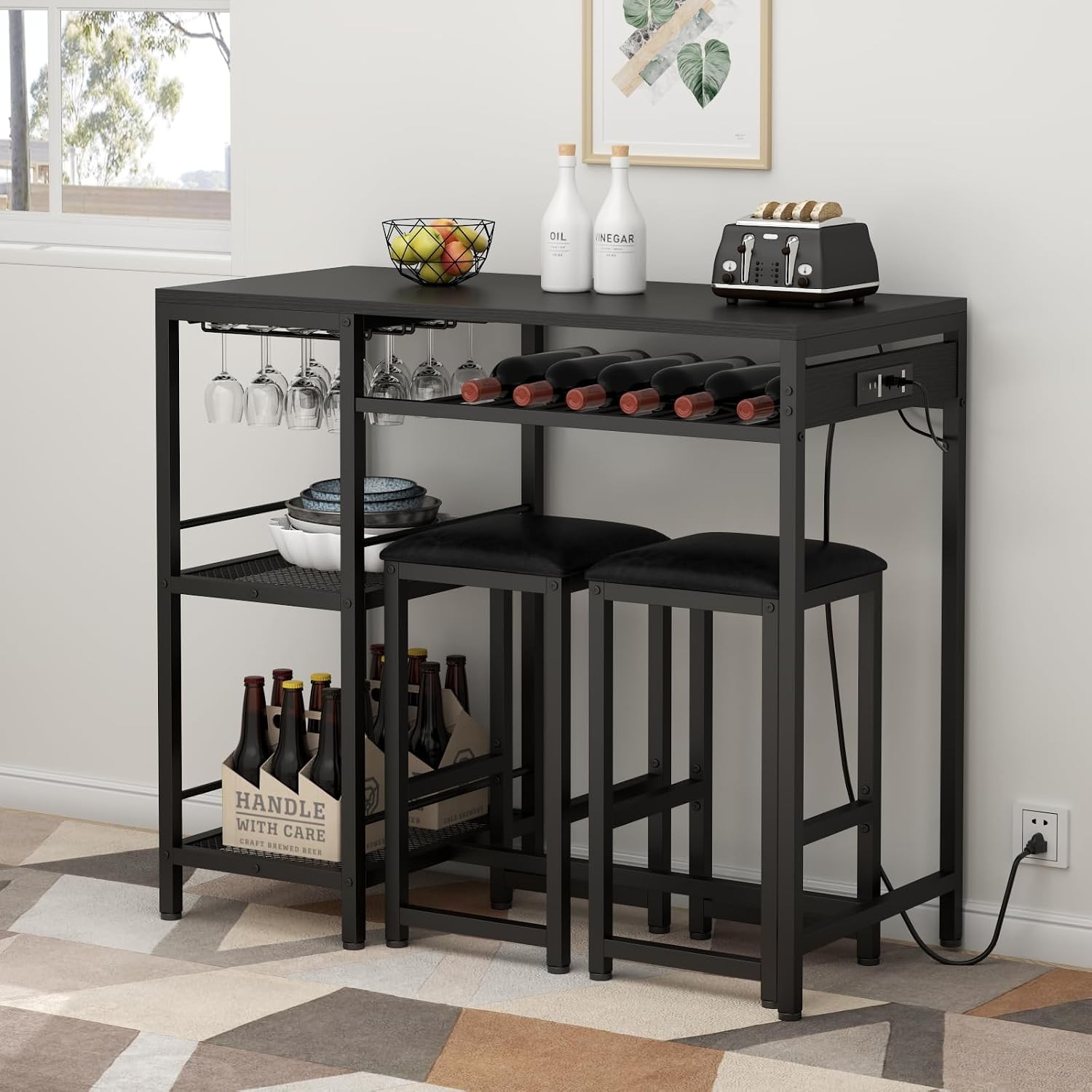 Bar Table and Chairs Set with Power Outlet, Pub Table and Chairs Set for 2 with